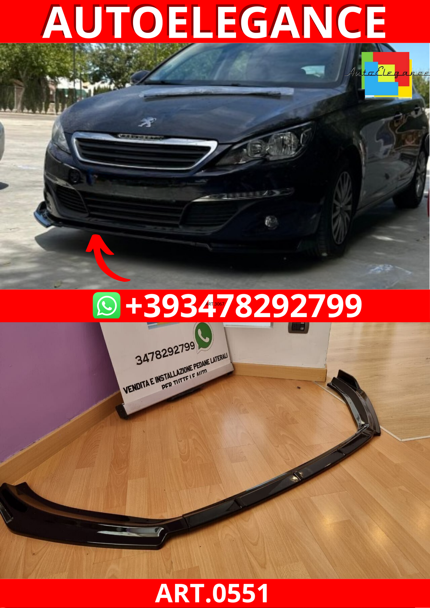 ART. 0551 SPLITTER  PEUGEOT  308 II NERO LUCIDO (3 pezzi)