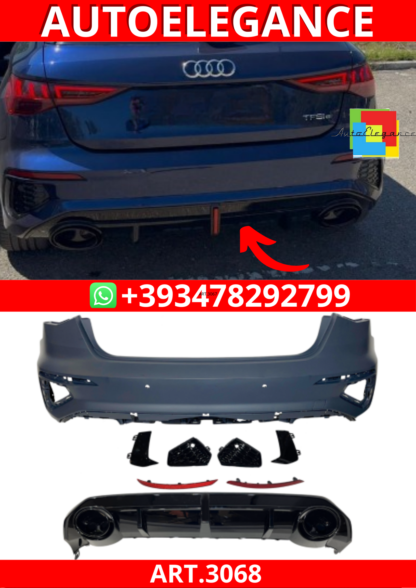💕ART.3068 Paraurti Posteriore Audi A3 Hatchback 2019-2024 Look RS3