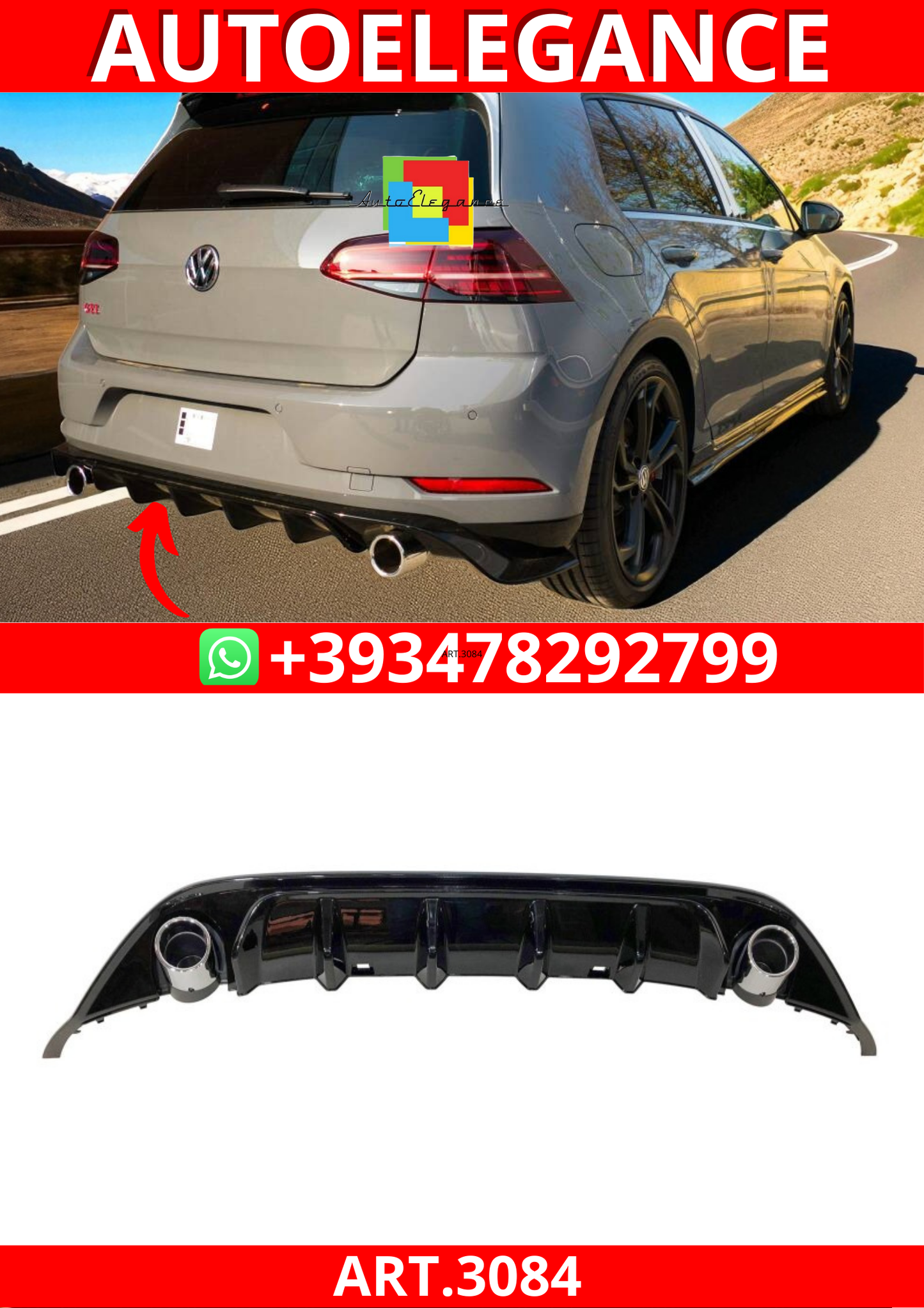 ART.3084 Diffusore Posteriore Volkswagen Golf 7 Look TCR Nero lucido
