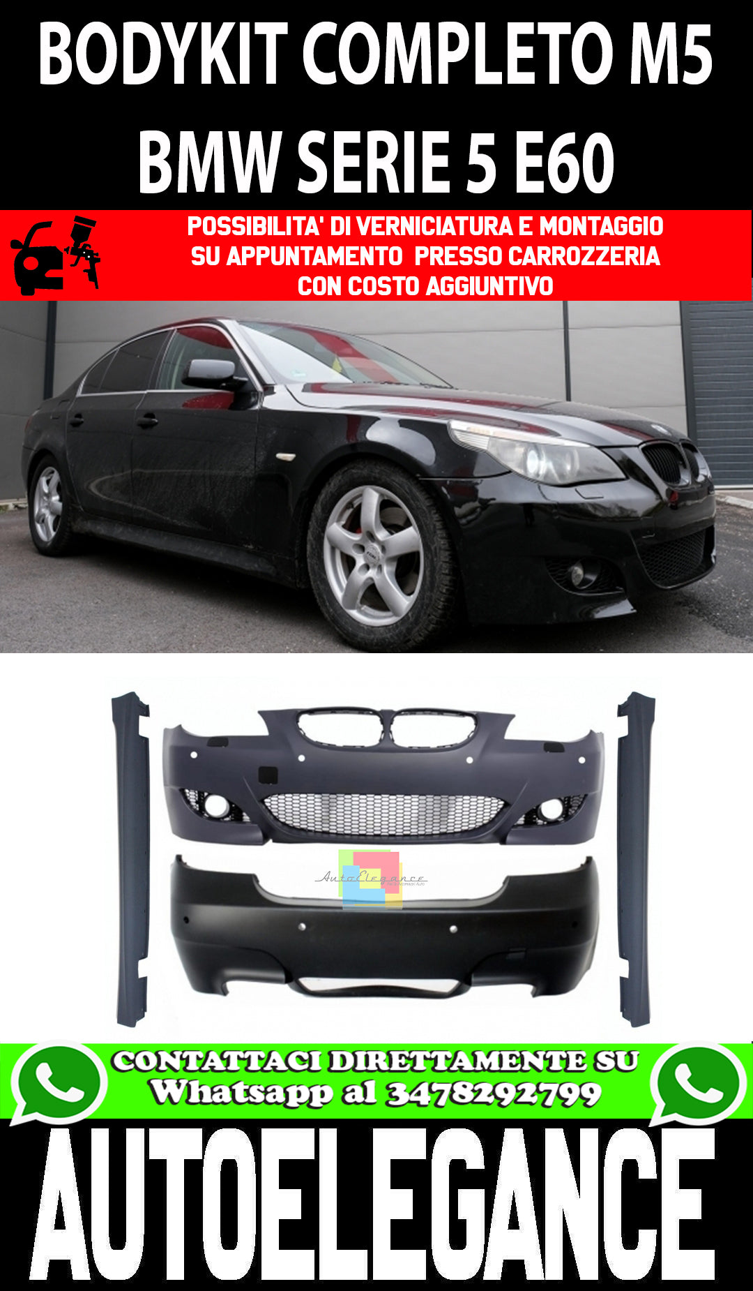 Kit carrozzeria adatto per BMW Serie 5 E60 (2003-2010) con impianto di scarico completo Twin Double Quad e laterale Minigonne M5 Design
