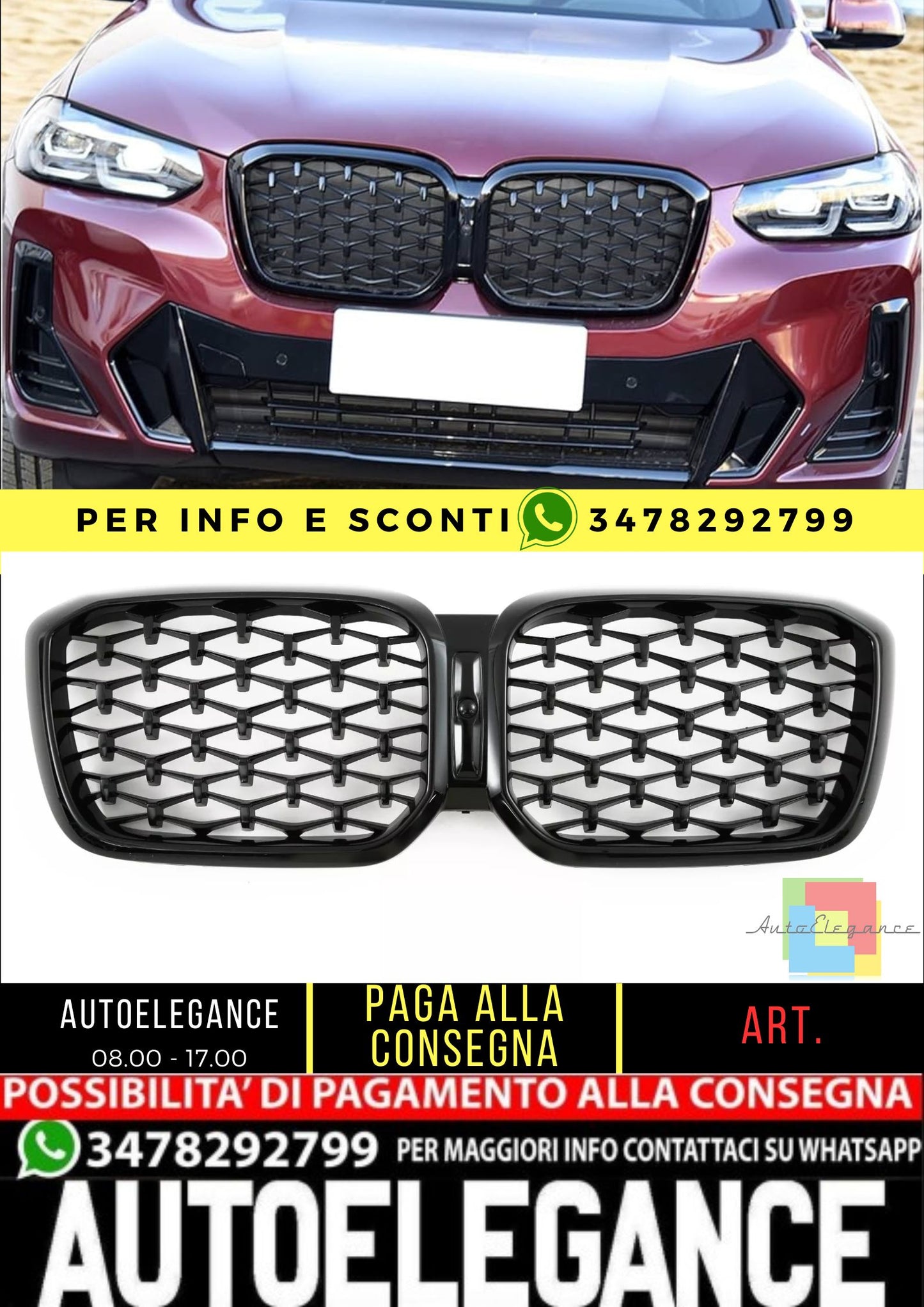 🔥GRIGLIA DEL RADIATORE NERO LUCIDO DIAMANTE ADATTO A BMW X3 X4 G01 G02 LCI 🔥