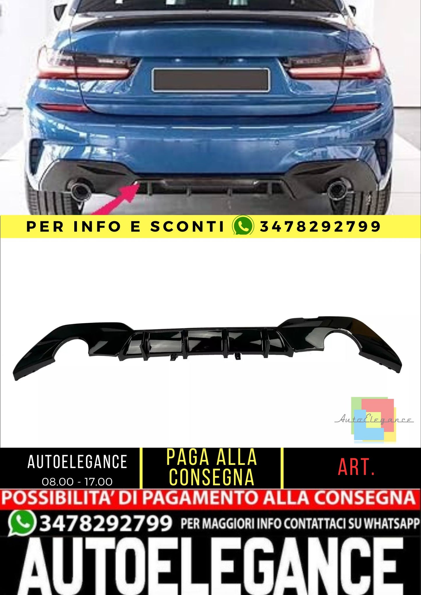 DIFFUSORE NERO LUCIDO ADATTO A BMW SERIE 3 G20 / G21 M SPORT 2018-2022