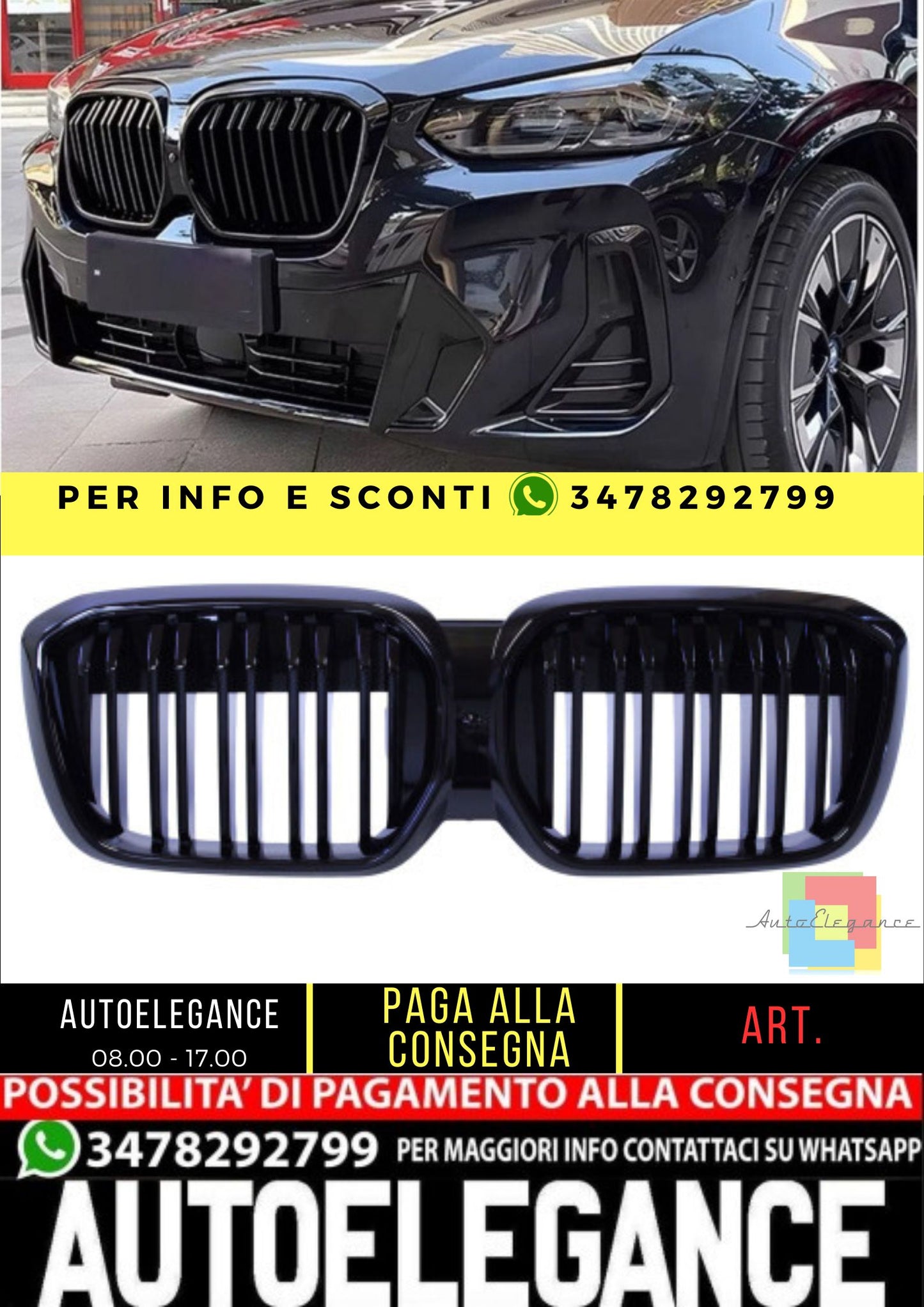 😎Griglia rene compatibile con BMW iX3 G08 doppie barre nero lucido😎