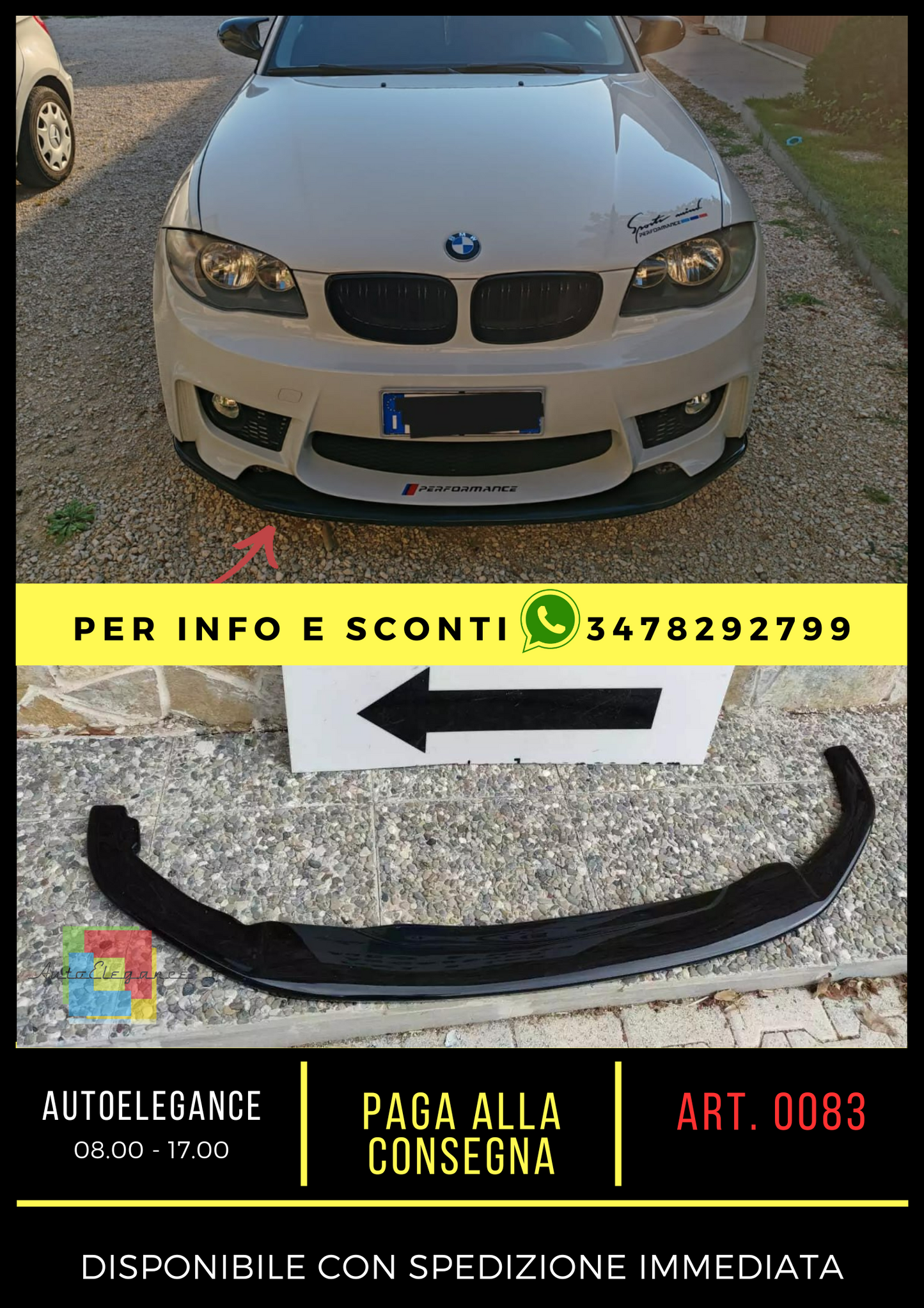 LAMA PER BMW SERIE 1 E81 E87 E82 E88 M1 SPLITTER PARAURTI ANTERIORE NERO LUCIDO.