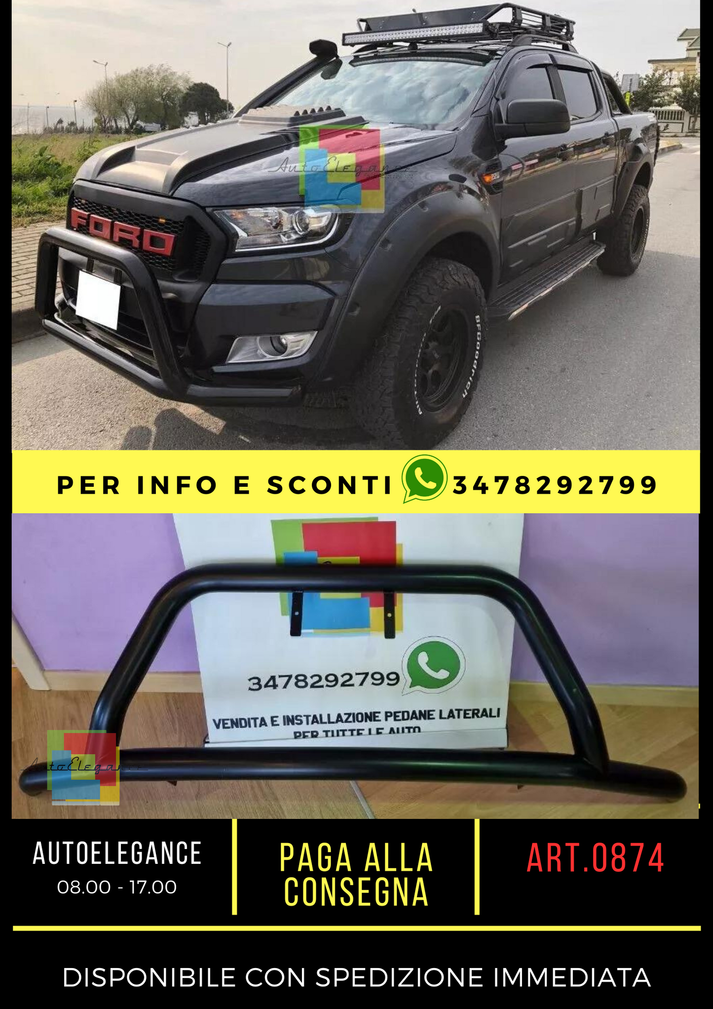 ⏩BULL BAR NERO ADATTO A FORD RANGER TK 2015+ SOTTO PARAURTI ANTERIORE INOX