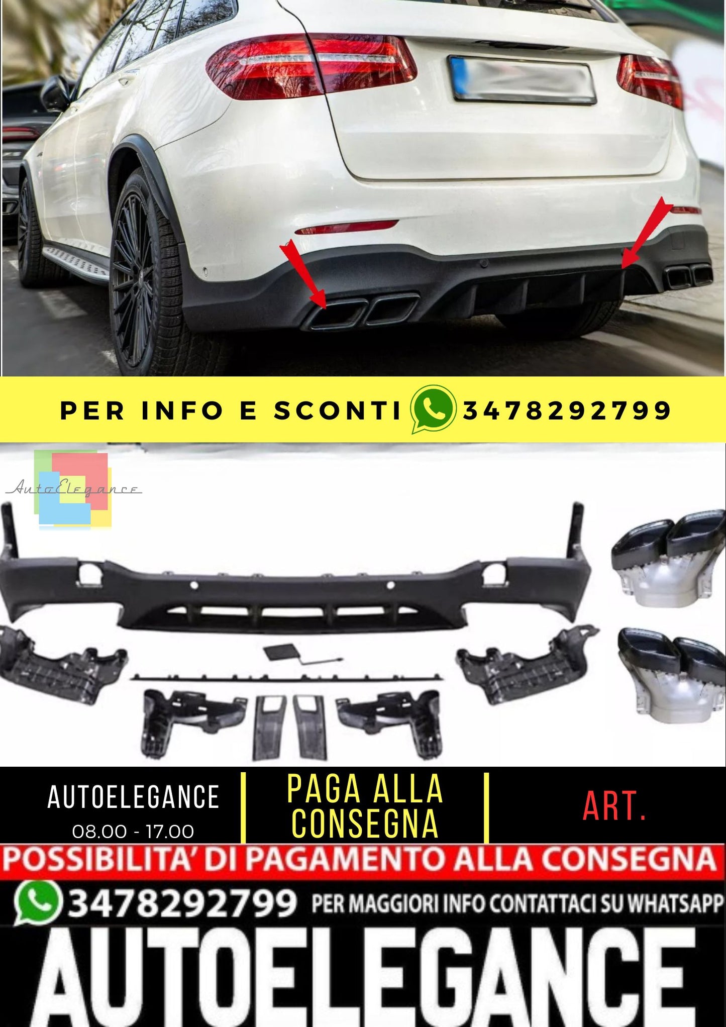 Rear Spoiler Diffuser + Exhaust Tips (BLACK) 63 AMG LOOK for Mercedes GLC x253 