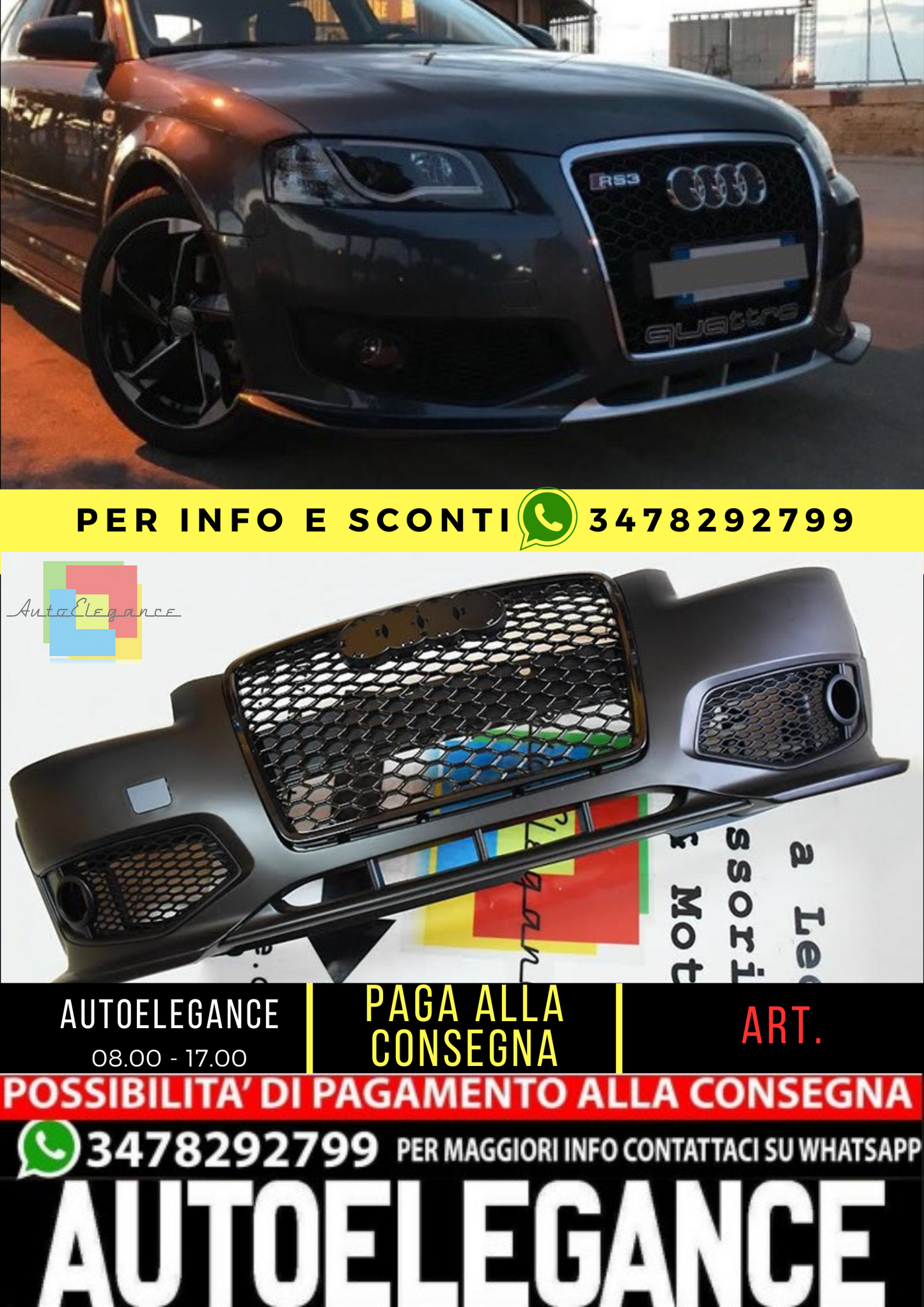 💎PARAURTI ANTERIORE ADATTO PER AUDI A3 8P 03-08 NERO LOOK RS3💎