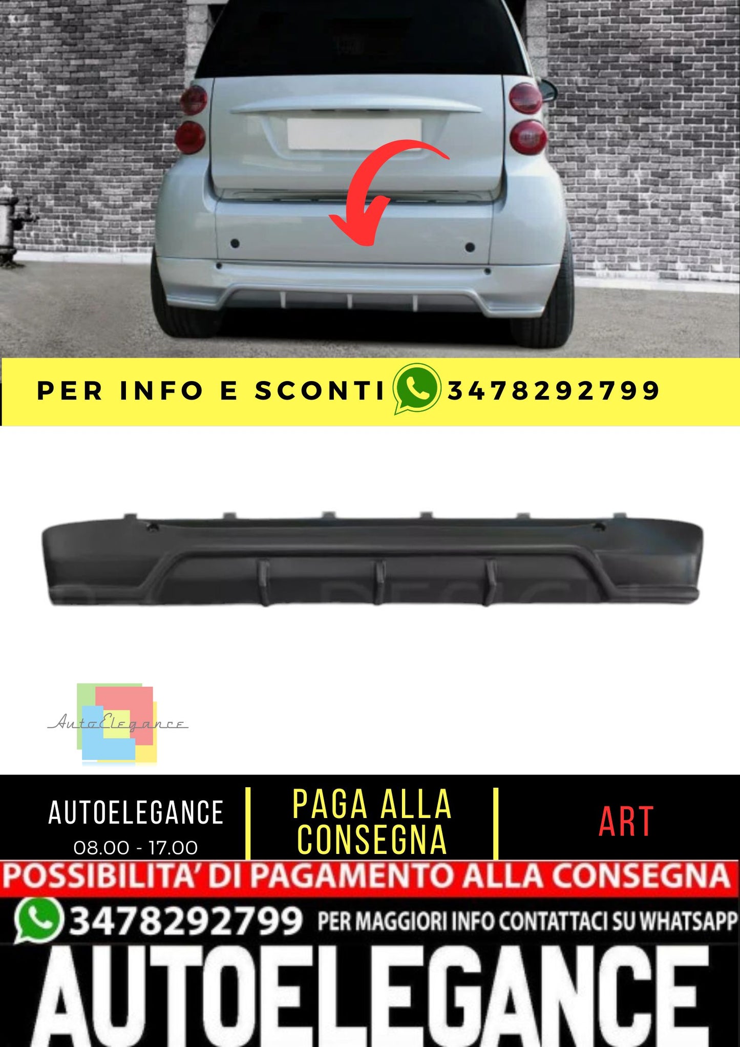 Spoiler posteriore sotto paraurti per SMART Fortwo 451 07-12 ABS Plastica