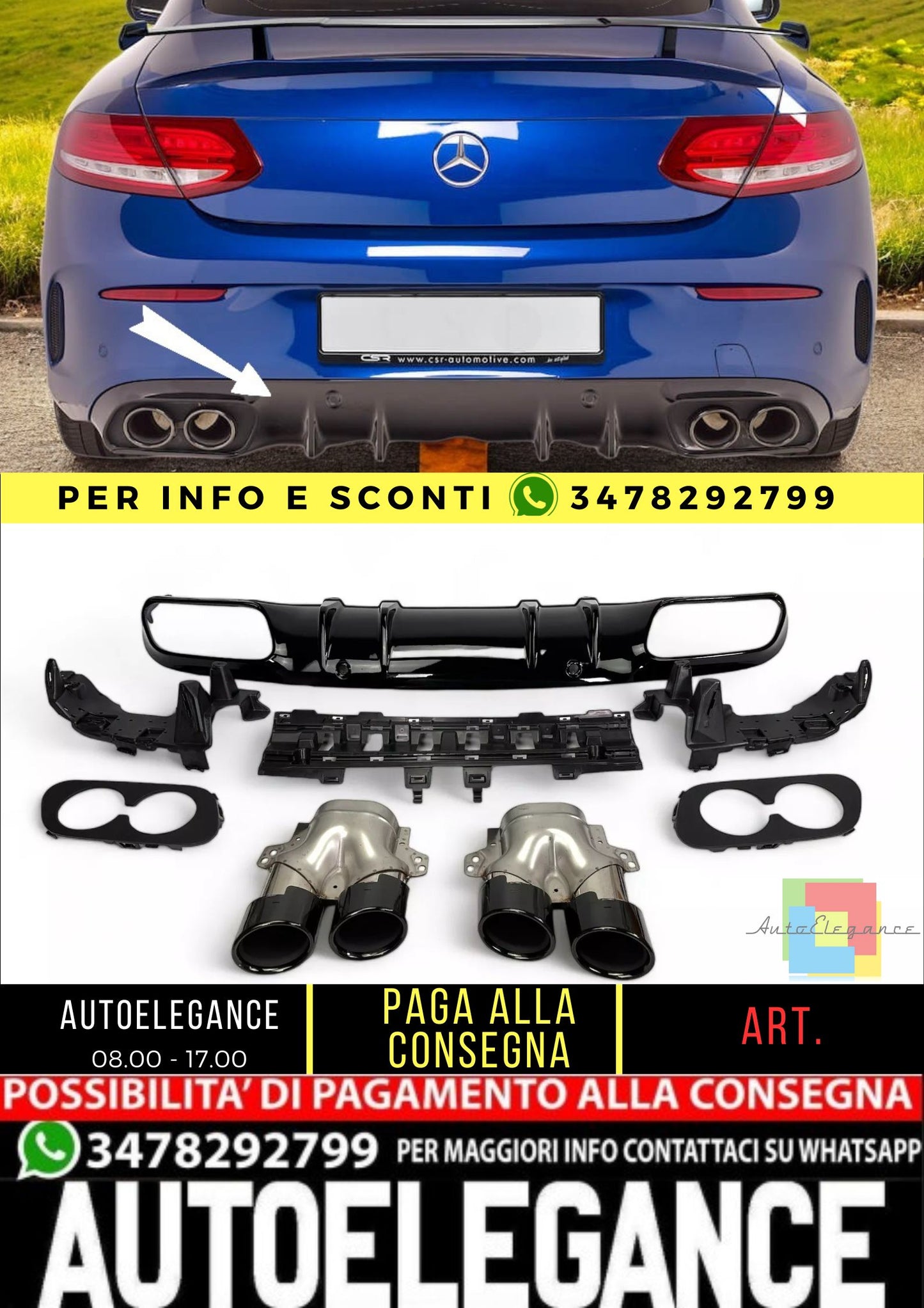 💎Diffusore + Terminali Di Scarico (NERO) Adatto Per Mercedes C205 A205💎