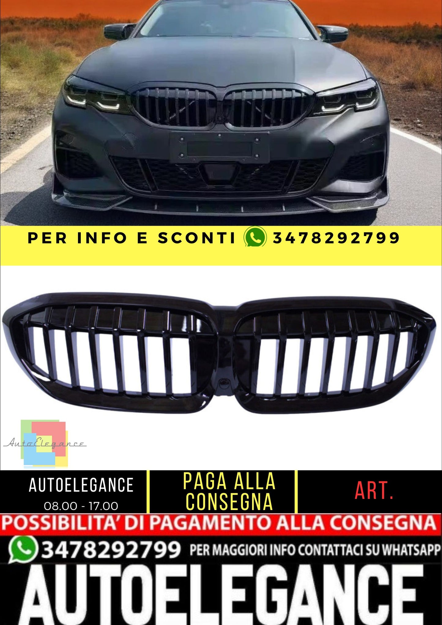 💎Griglia rene compatibile con BMW Serie 3 G20 - G21 barre singole nere lucide💎