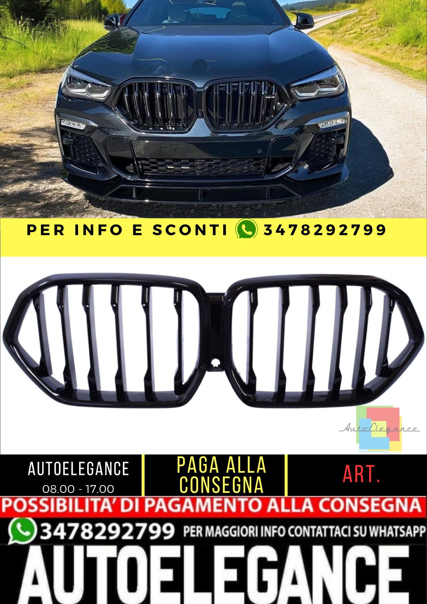 😎Griglia rene compatibile con BMW X6 G06 2018+ barre singole nero lucido😎