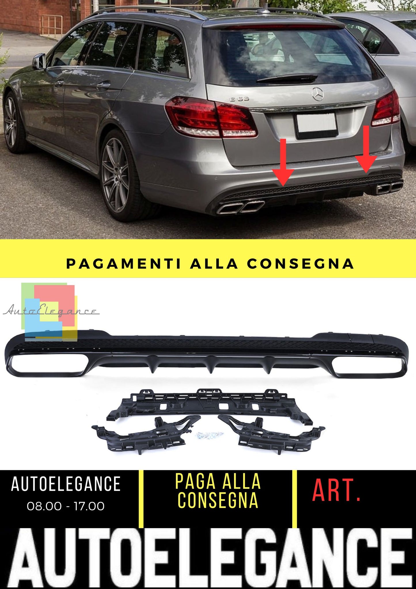 Diffusore paraurti posteriore nero per Mercedes Classe E (W212) Berlina Station Wagon Facelift (2013-2016) AMG-Line Paraurti E63 Look