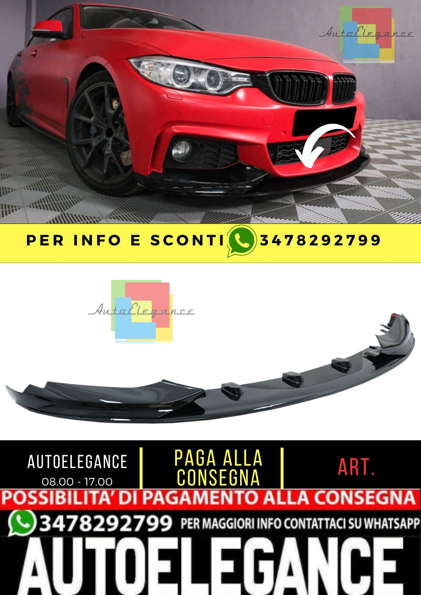 Spoiler paraurti anteriore per BMW Serie 4 F32 Coupe F33 Cabrio F36 Grand Coupe (2013-03.2019) M Design Piano Nero