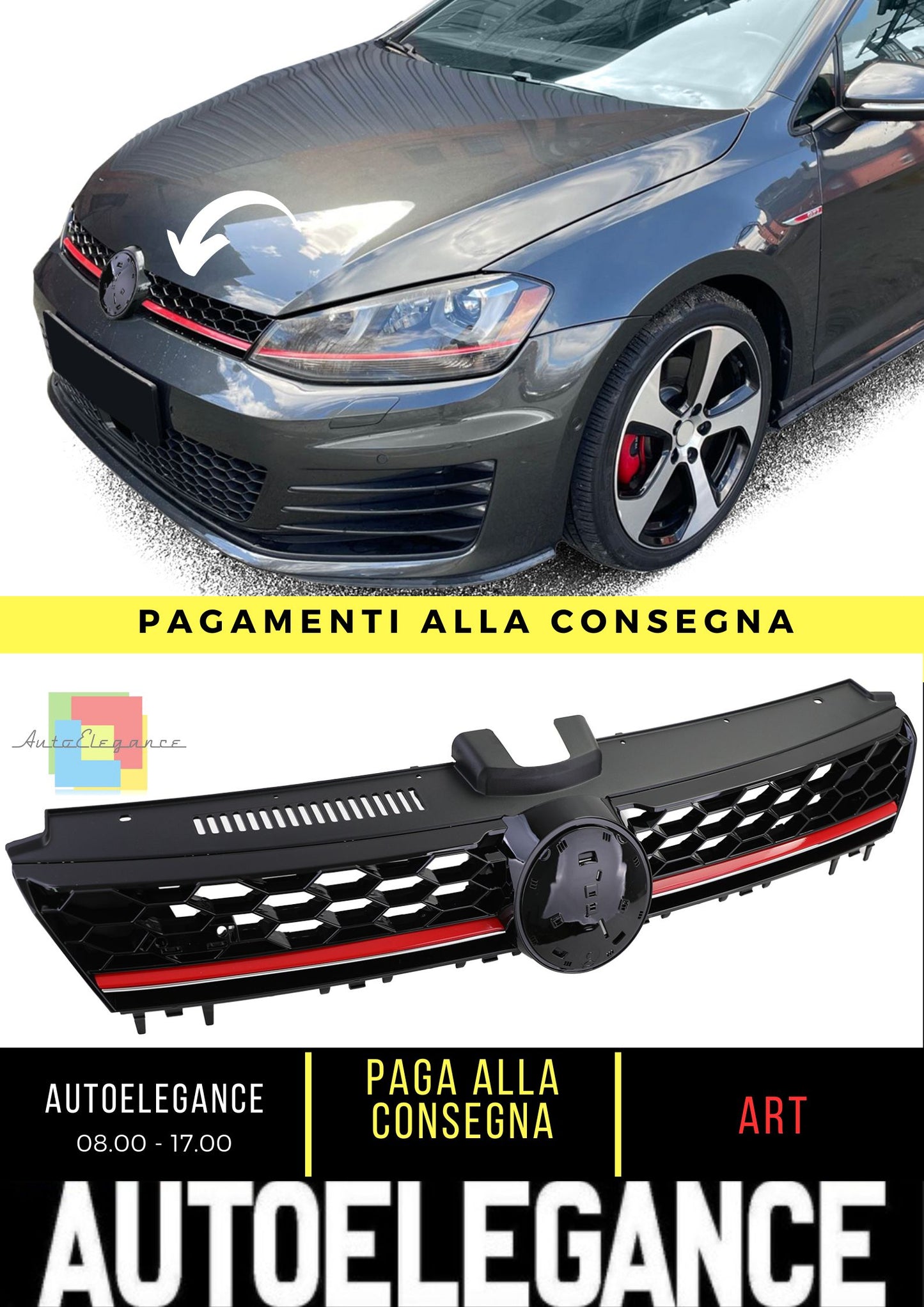 Gloss Black Honeycomb Sport Grille with Red Stripe for VW Golf 7 12-17 GTI