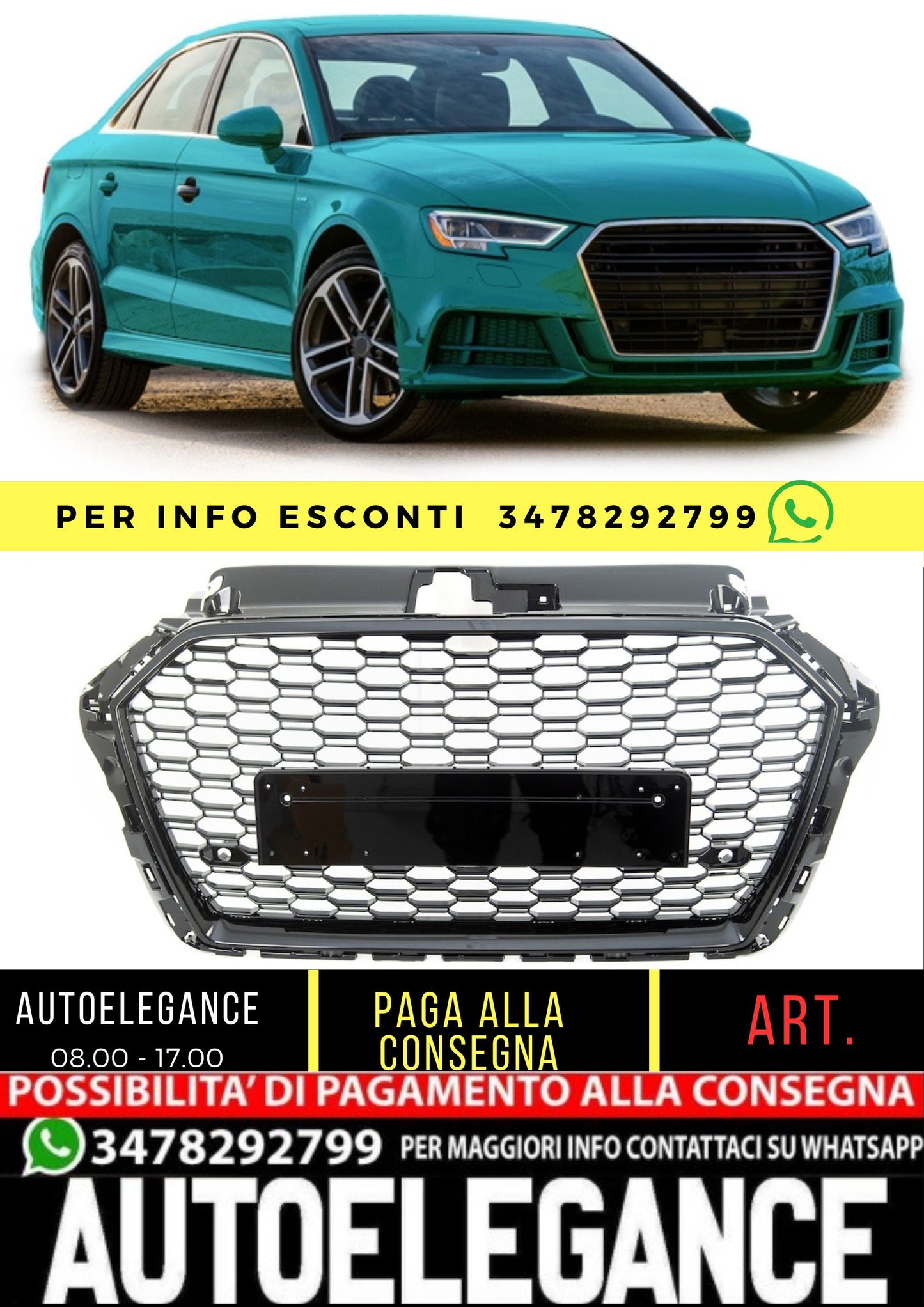 Front Grille RS3 Look for Audi A3 (8V) Hatchback Sportback Sedan Facelift (2016-2019) Gloss Black