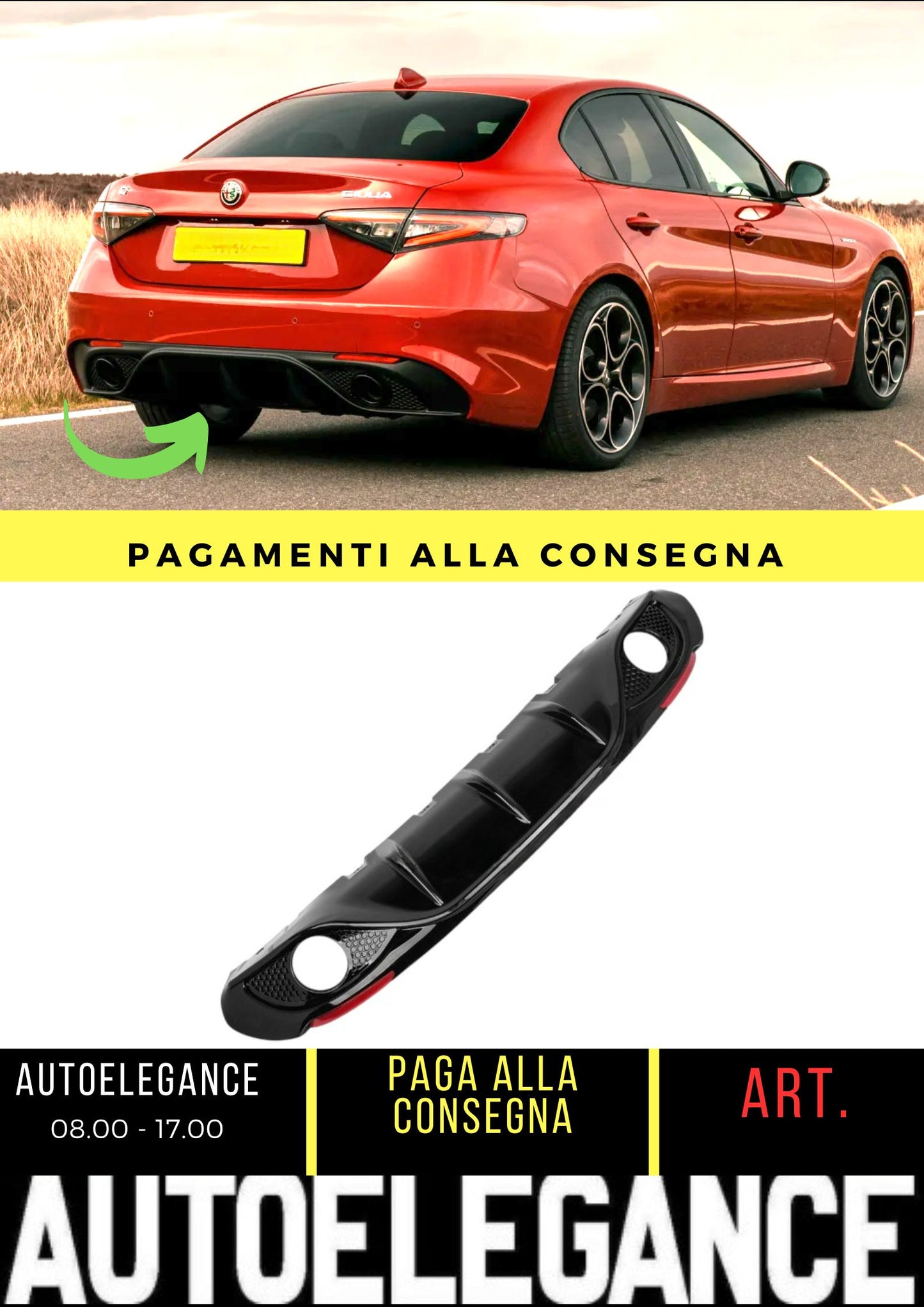 Diffusore posteriore Veloce per Alfa Romeo Giulia (952) (2016-2022) Terminali di scarico neri