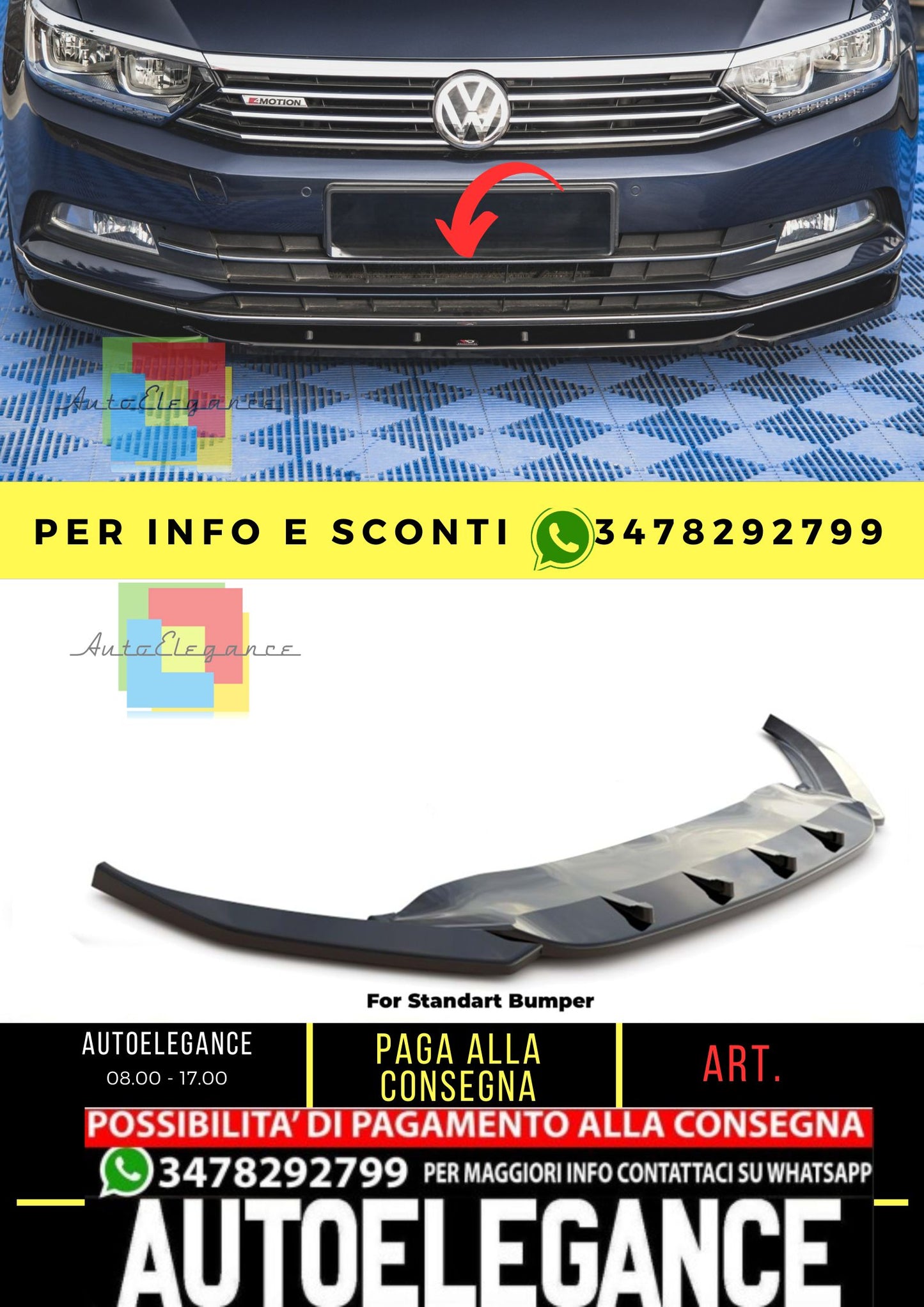 Passat B8 Max V1 Labbro Anteriore Piano Nero Vuoto Plastica / 2014 - 2019