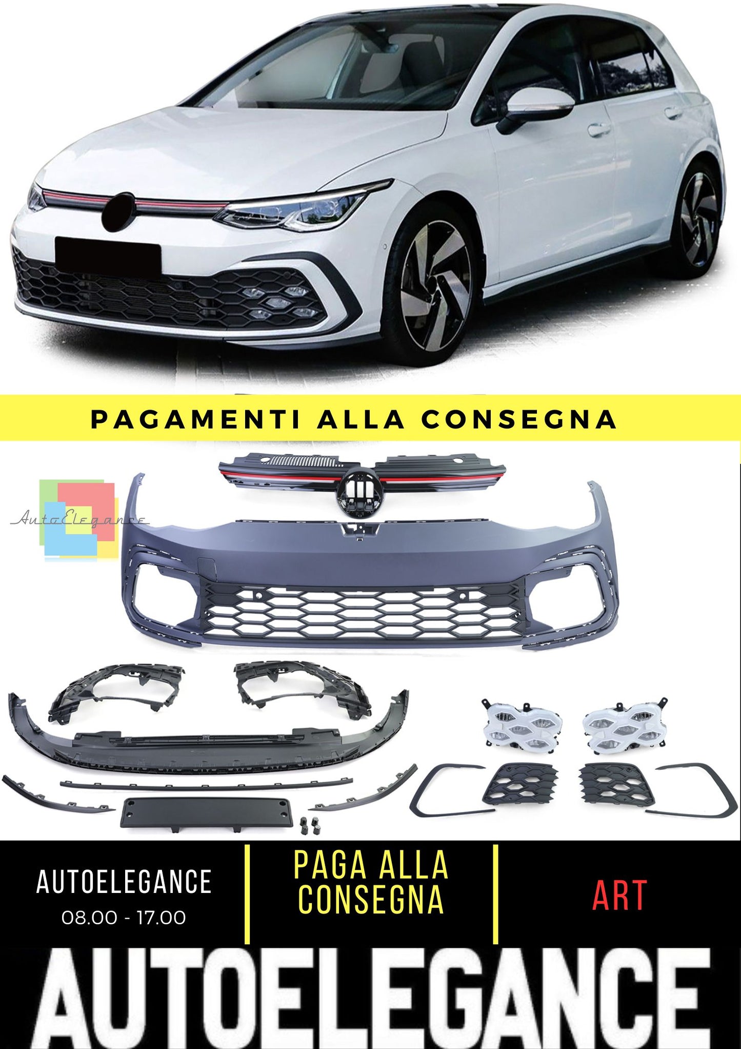 Paraurti Anteriore Sport con Calandra e LED Fendinebbia per VW Golf 8 anche GTI dal 19