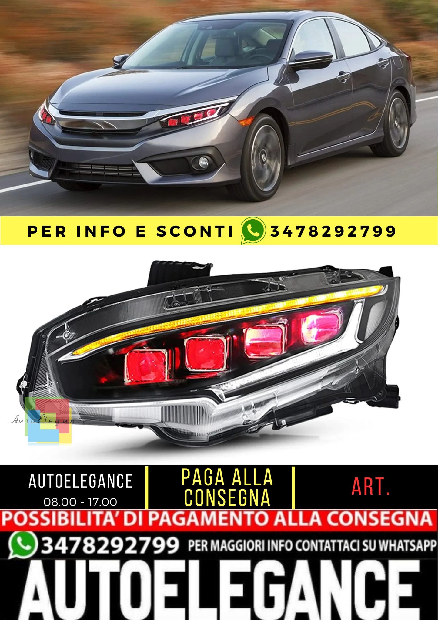 Fari a LED per Honda Civic Sedan/Coupé/Hatchback/Type R di decima generazione 2016-2020 con animazione di avvio (solo USA)