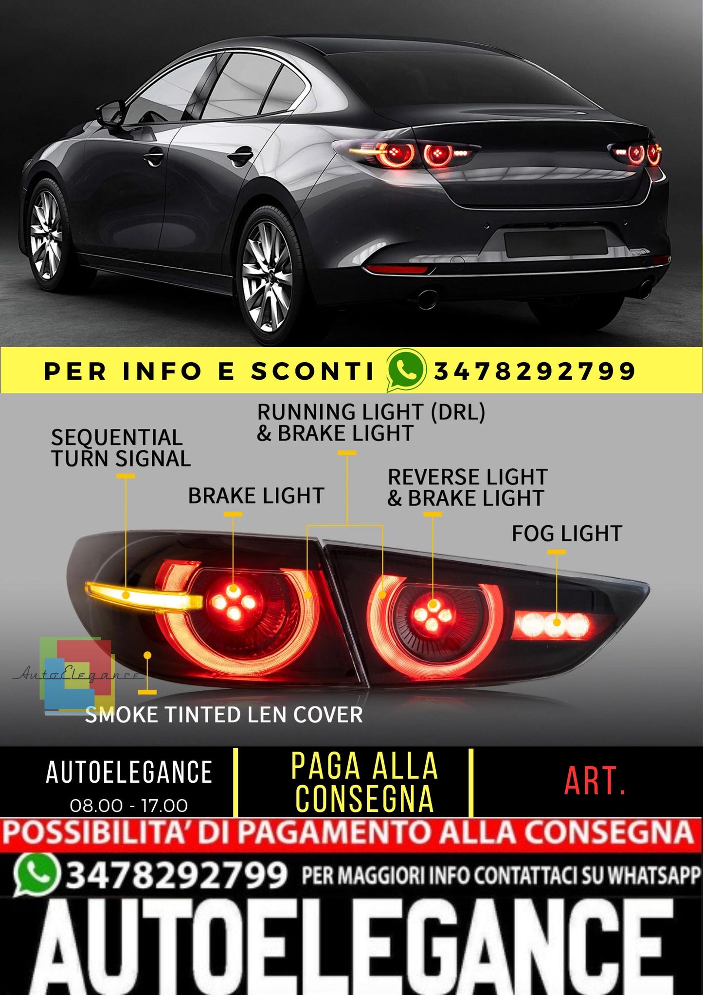 Fanali posteriori per Mazda 3 Axela berlina dal 2019 in poi con illuminazione dinamica di benvenuto (non adatto per Hatchback e Mazda 3 TCR)