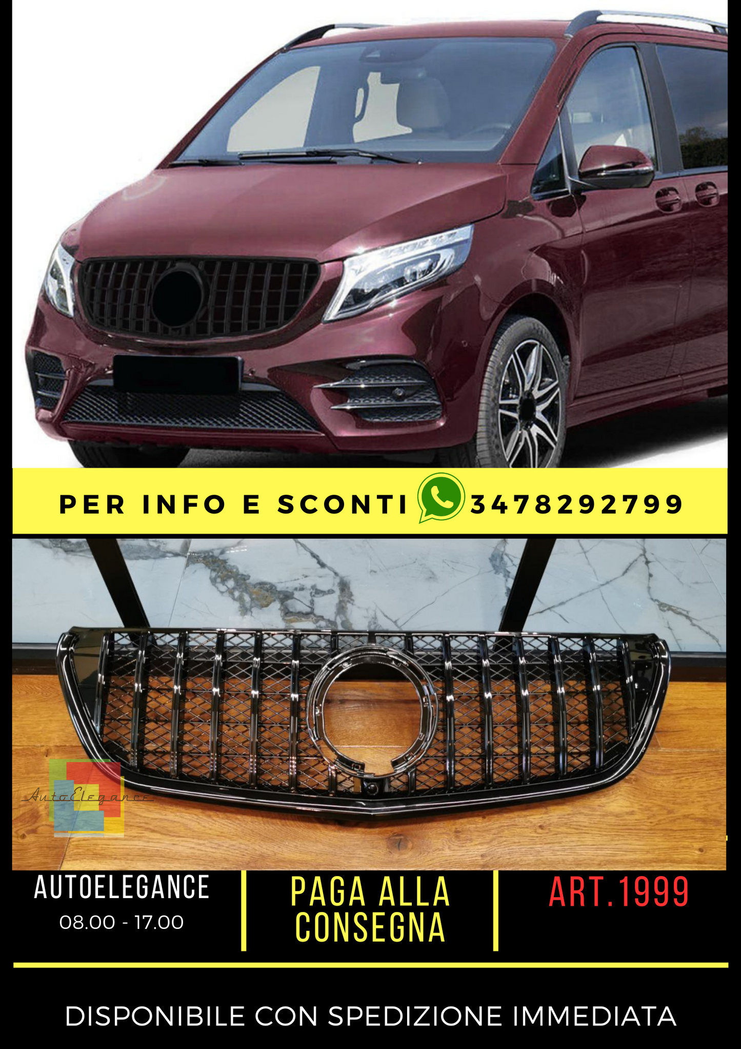 ✨GRIGLIA ADATTO PER MERCEDES CLASSE V W447 2019+ AMG LOOK GT NERA✨