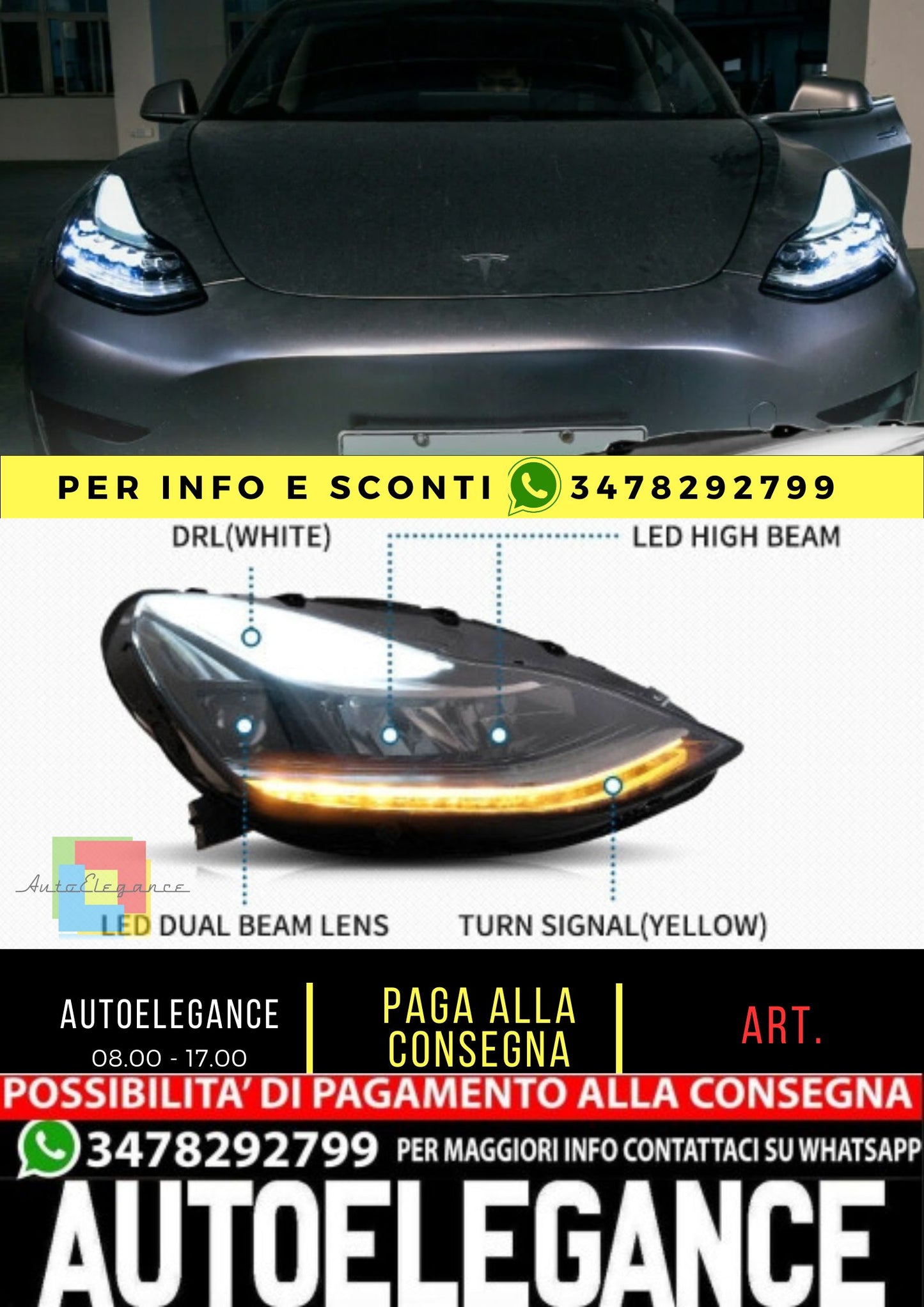 LED Headlights DRL with Reflector for Tesla Model 3 2017-23 with Dynamic Signal 