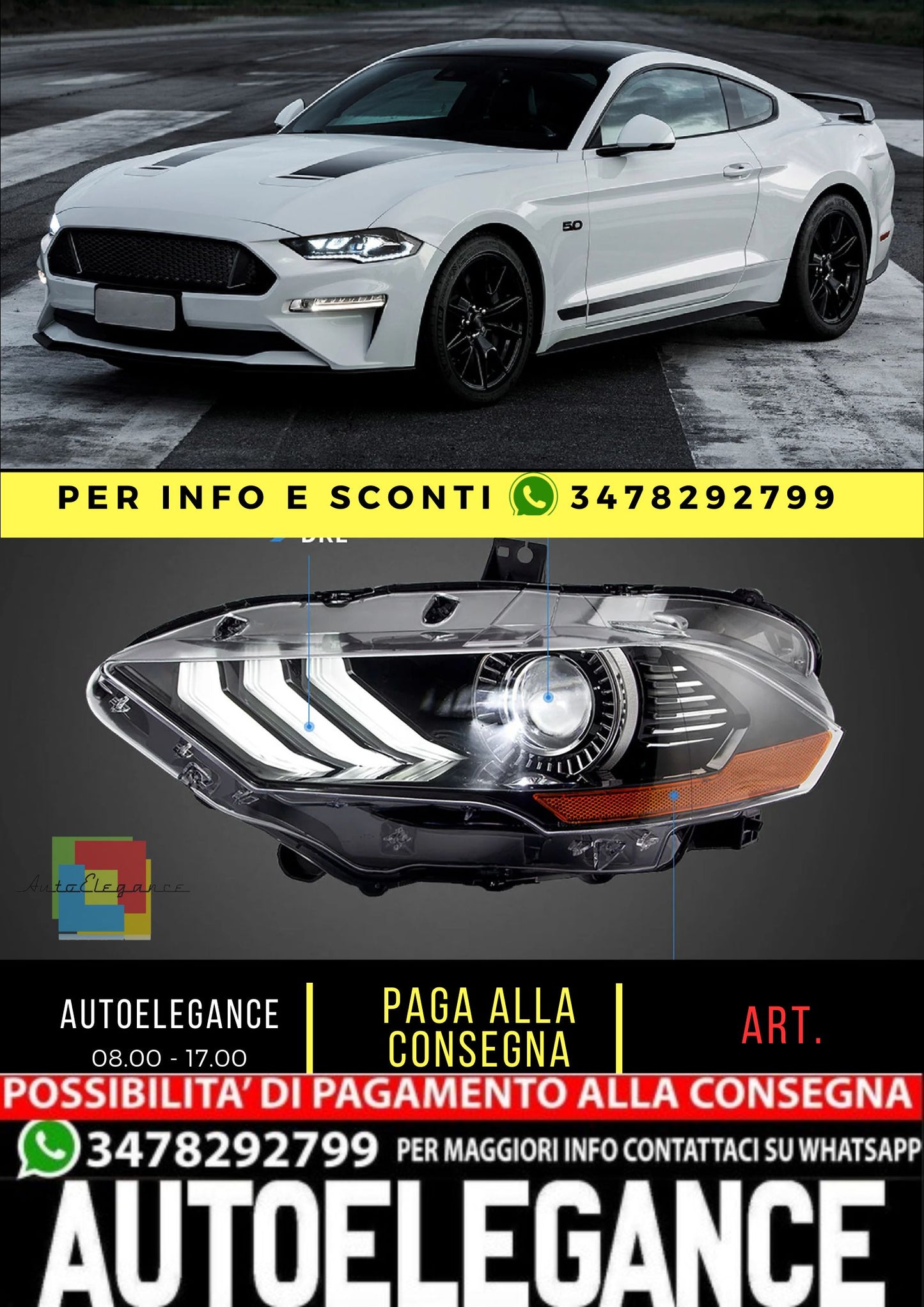 Gruppo proiettori Full LED e Dual Beam per Ford Mustang 2018 2019 2020 con fari ad animazione sequenziale e dinamica