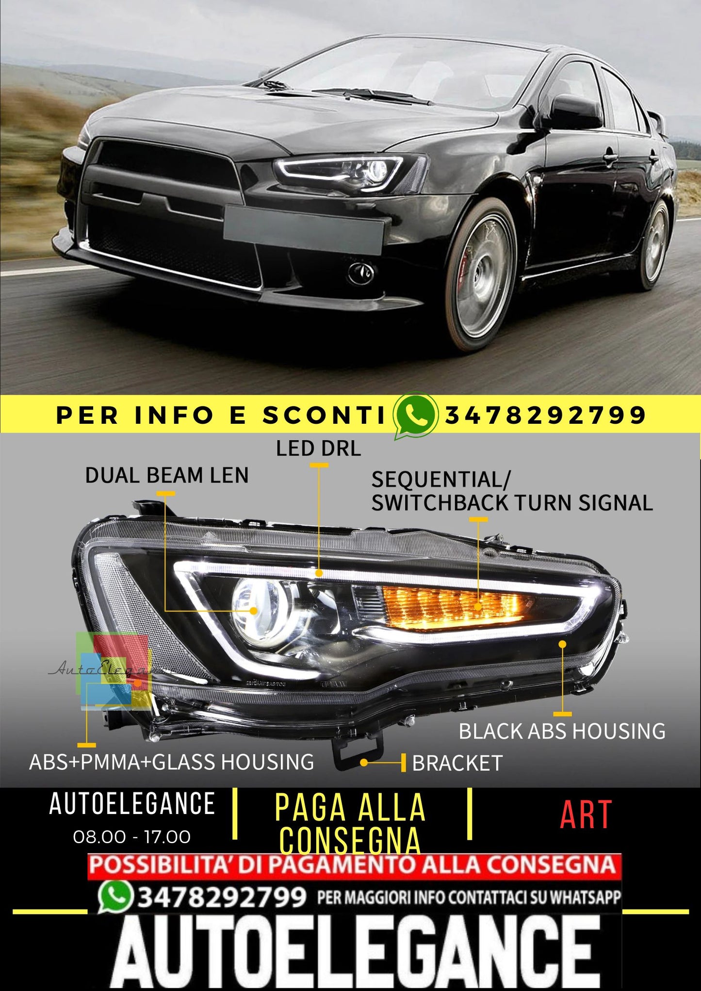 Fari per proiettori  Dual Beam per Mitsubishi Lancer EVO X 2008-2018 (proiettore normale. Versioni LHD e RHD)
