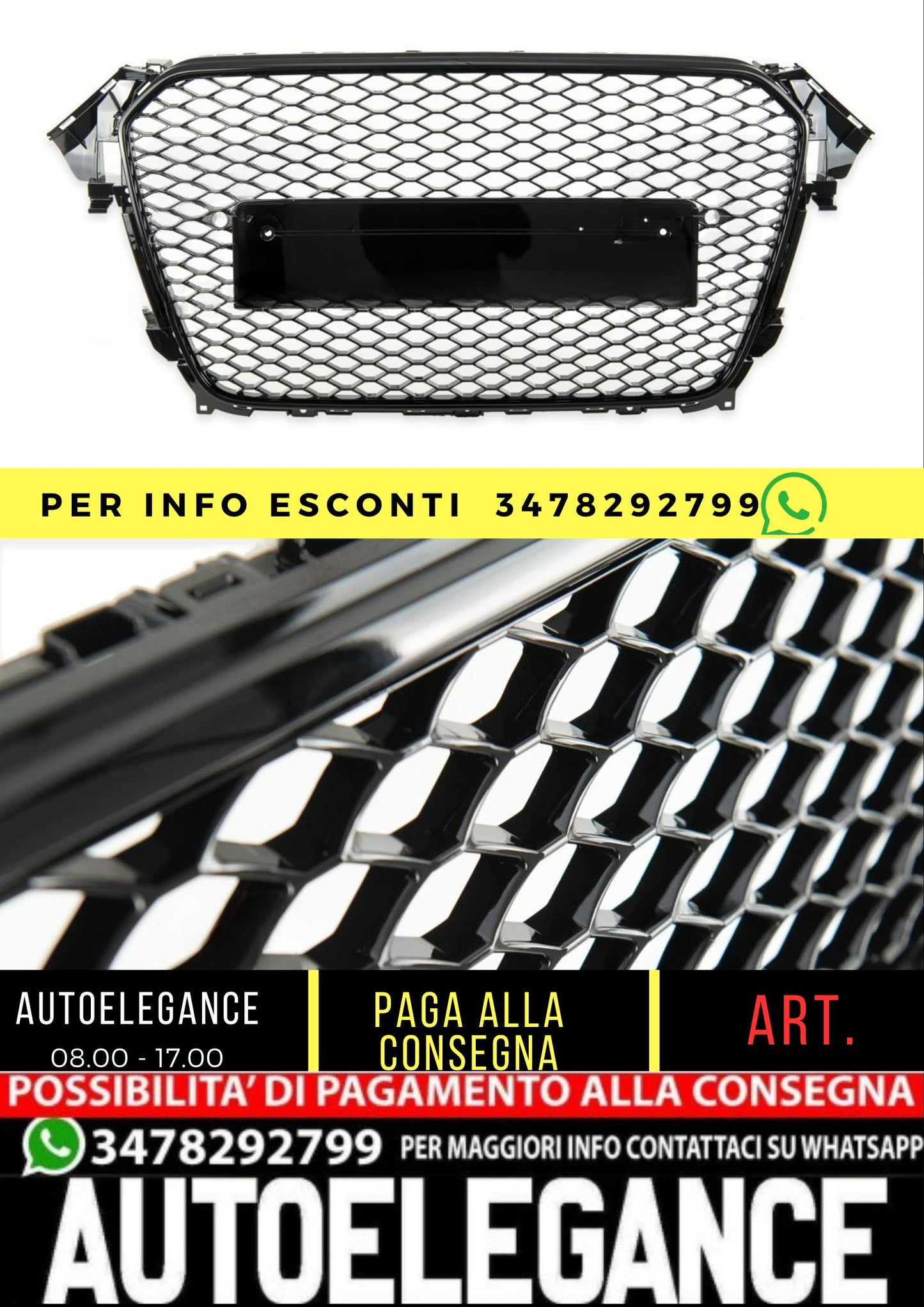 Griglia Anteriore RS4 Look per Audi A4 B8 (8K) Berlina Avant Facelift (2012-2015) Nero Lucido