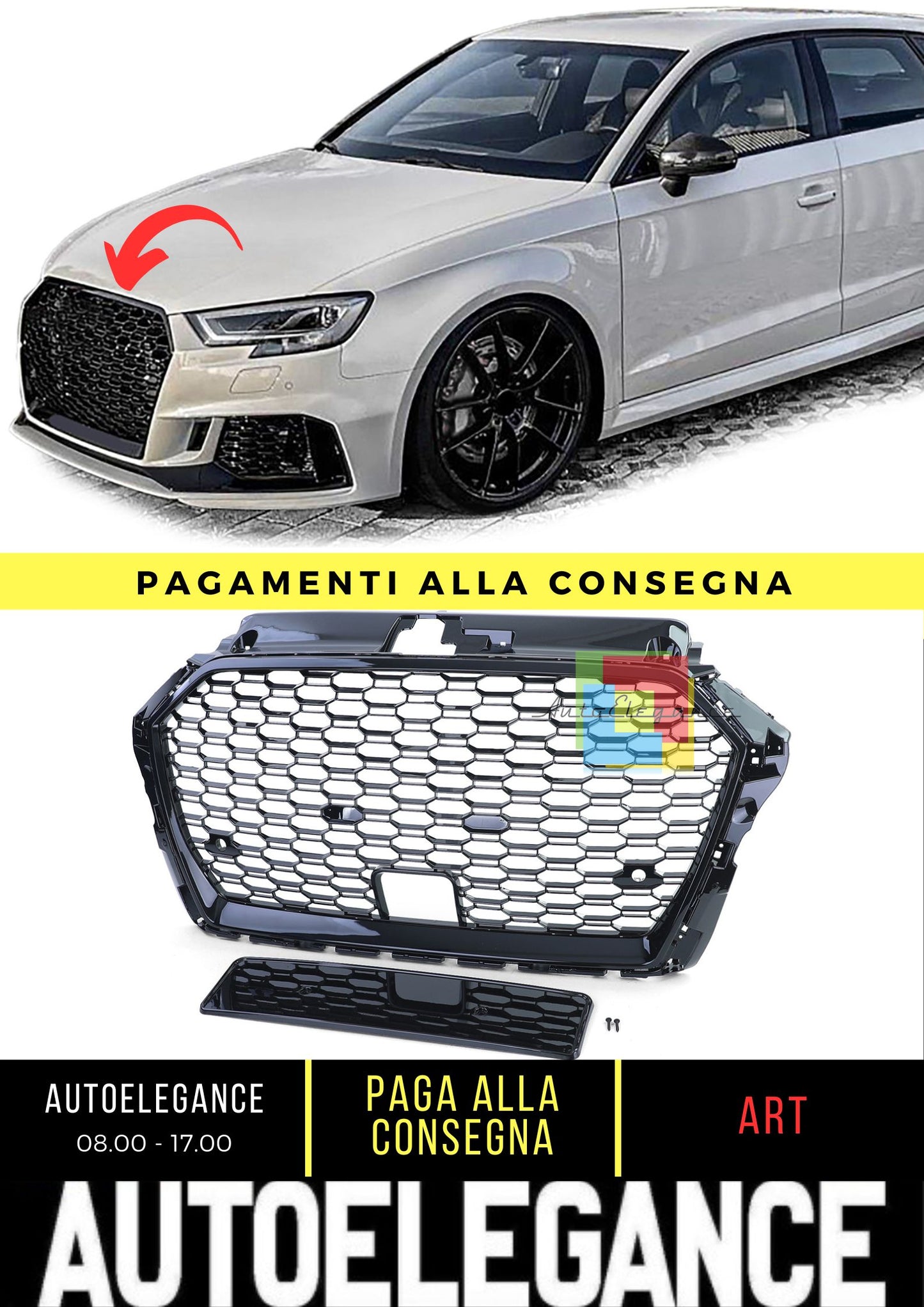 Griglia Sportiva Griglia a Nido d'Ape Nero Lucido per Audi A3 8V 16-20 con ACC