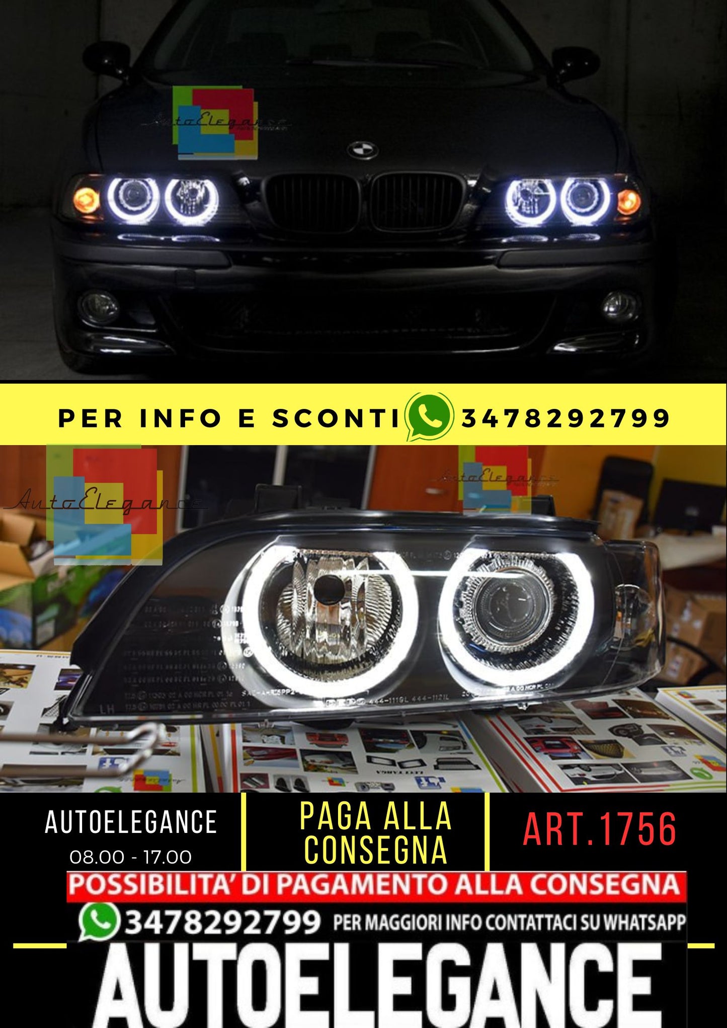 HEADLIGHTS SERIES 5 E39 1995-2003 BLACK XENON D2S ANGEL EYES 