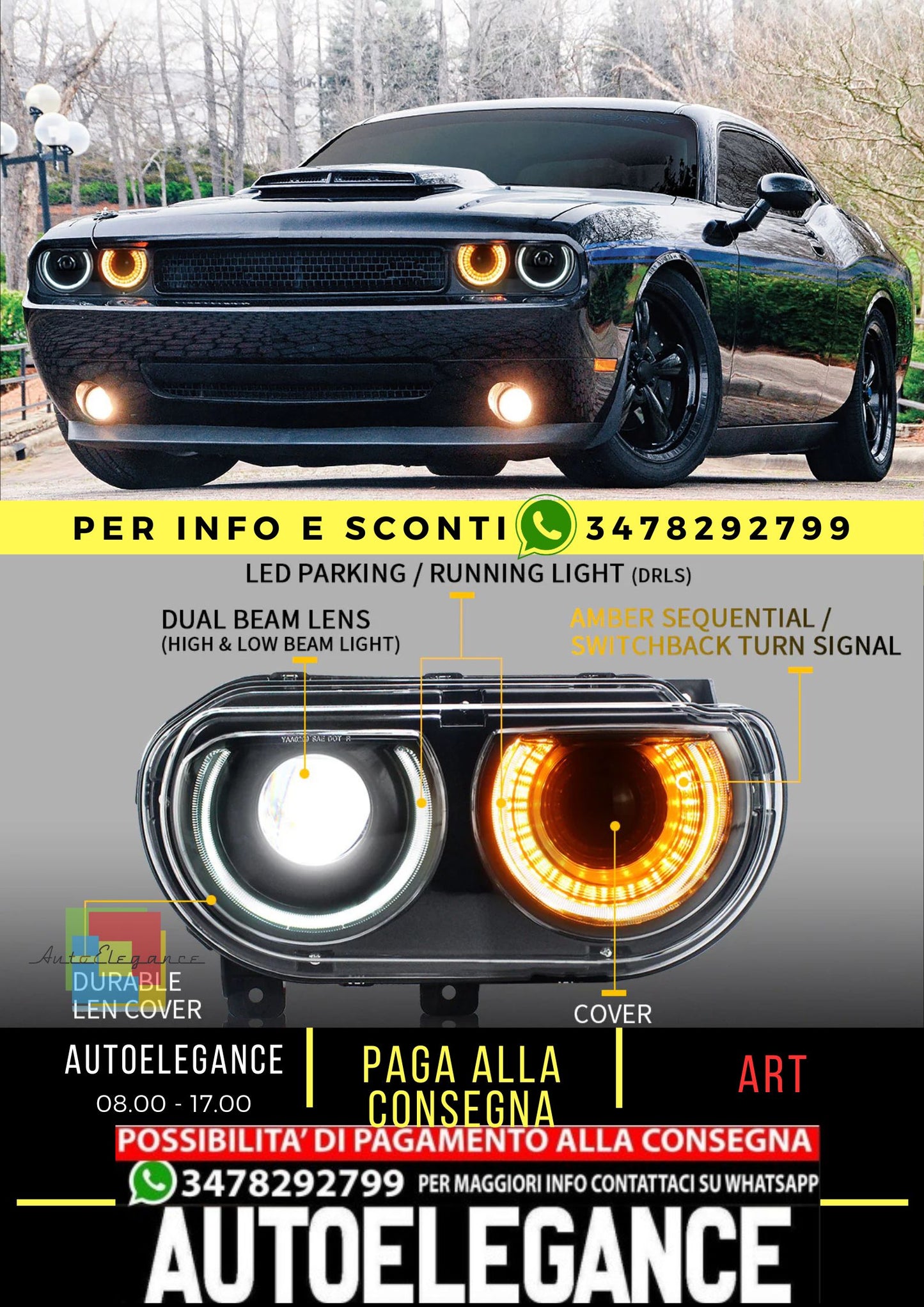 Fari per proiettori a doppio raggio per Dodge Challenger 2008-2014 con indicatori di direzione sequenziali
