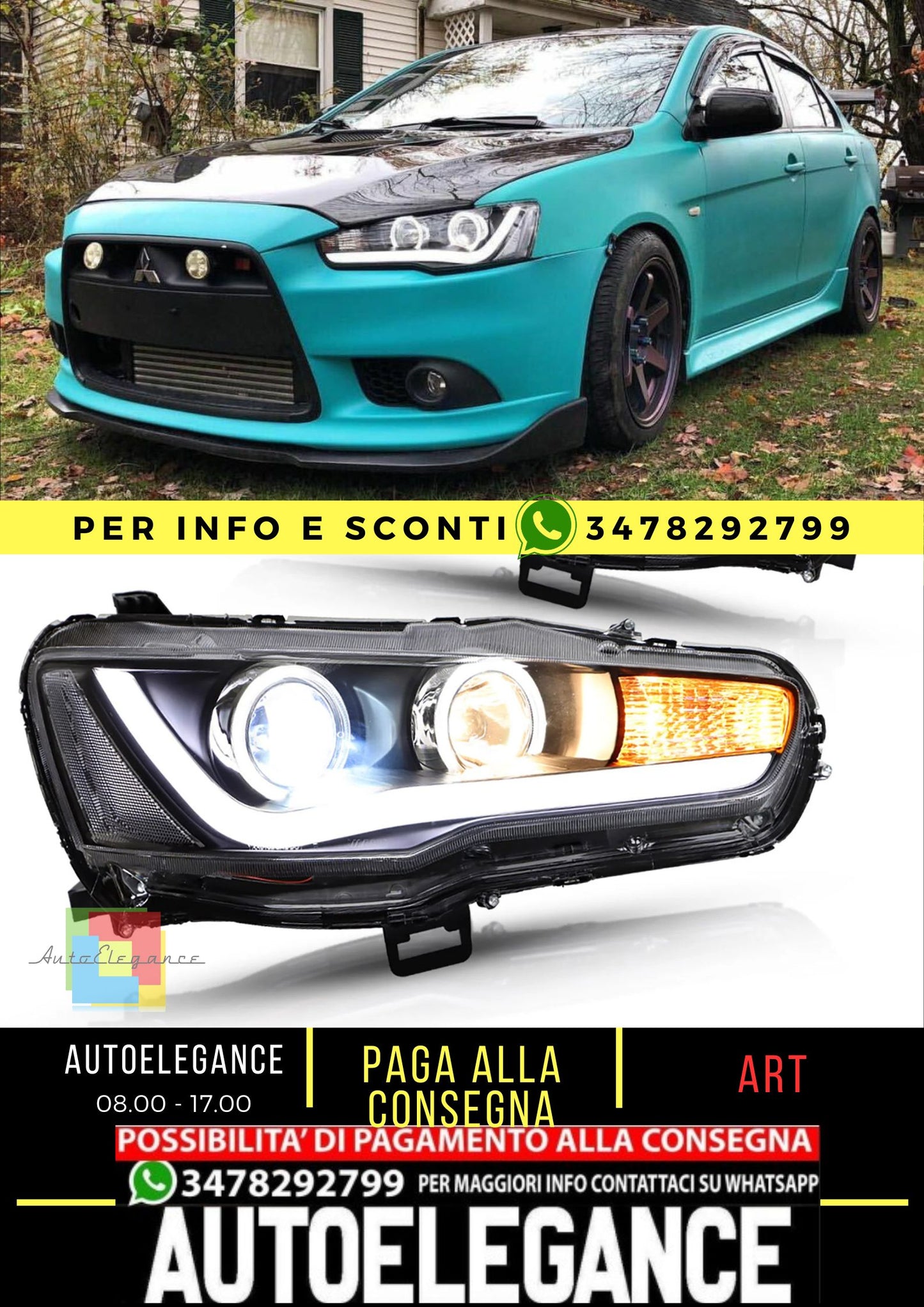Fari per proiettori per Mitsubishi Lancer EVO X 2008-2018 (versioni con guida a destra, guida a sinistra e Dual Beam con guida a sinistra)