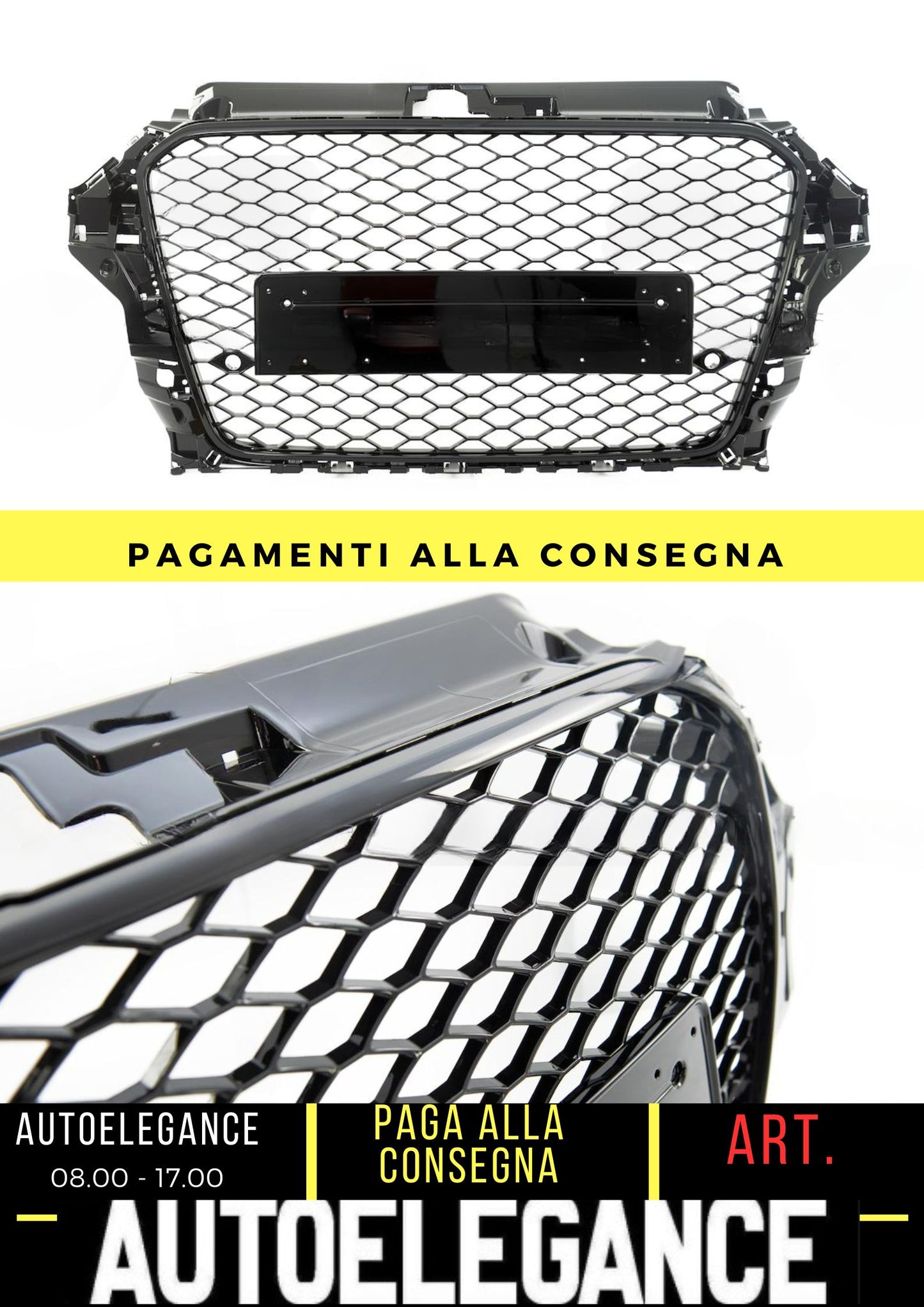 Griglia Anteriore RS3 Look per Audi A3  Hatchback Sportback Berlina (13-15) Nero Lucido