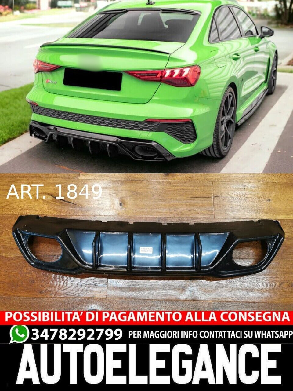 ⭐1849 DIFFUSORE ADATTO PER AUDI A3 8Y BERLINA RS3 LOOK TUNING NERO LUCIDO⭐