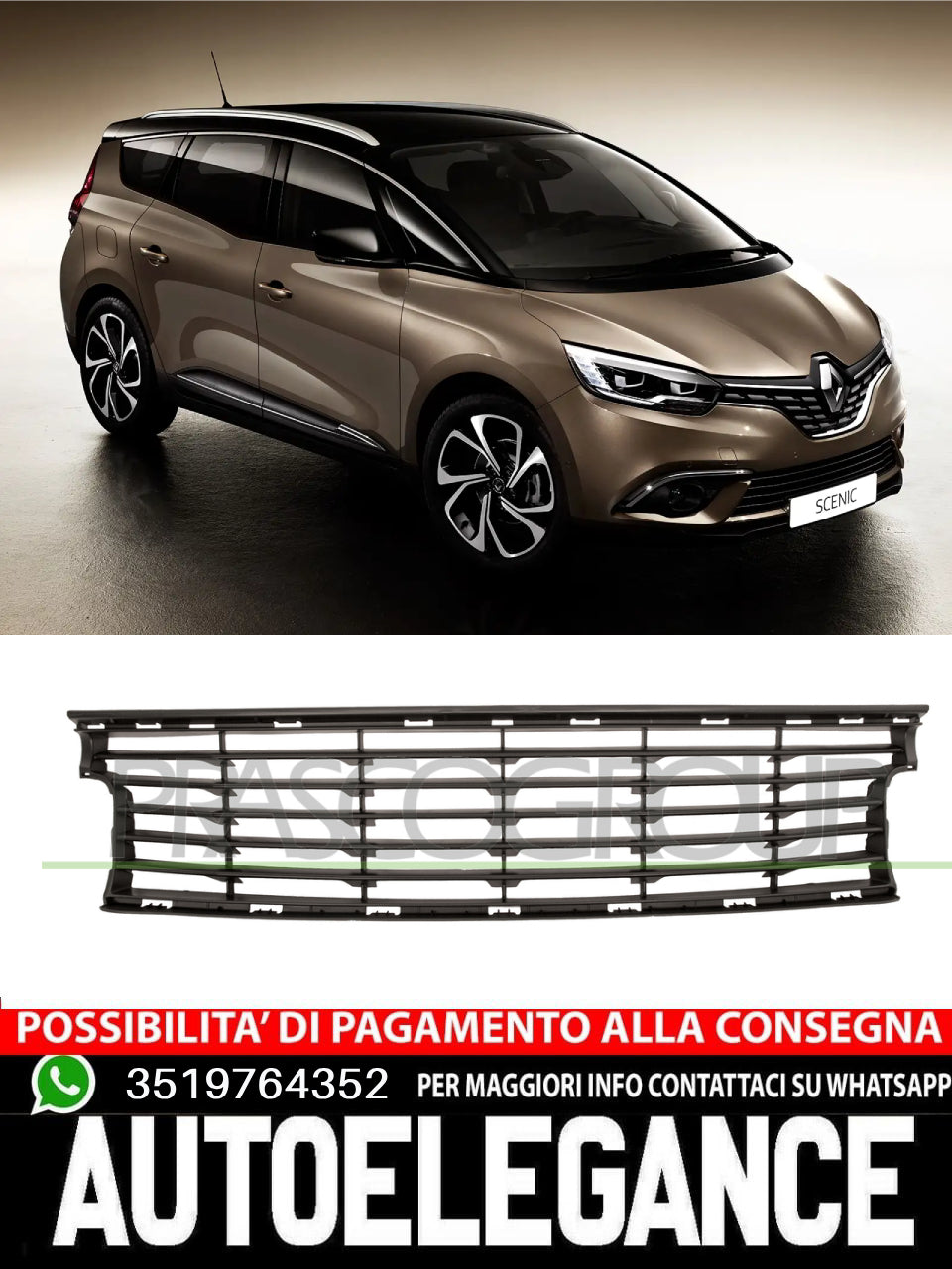 Griglia CENTRALE  PARAURTI-NERA Prasco Anteriore Per Renault Scenic 622543518R