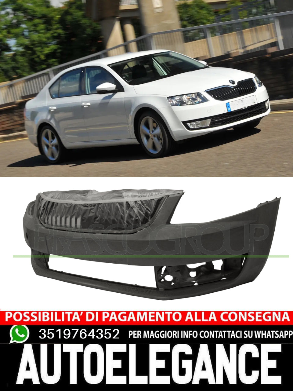 Paraurti Prasco Anteriore CON PRIMER GRIGLIA NERA TRACCE PDC per SKODA OCTAVIA