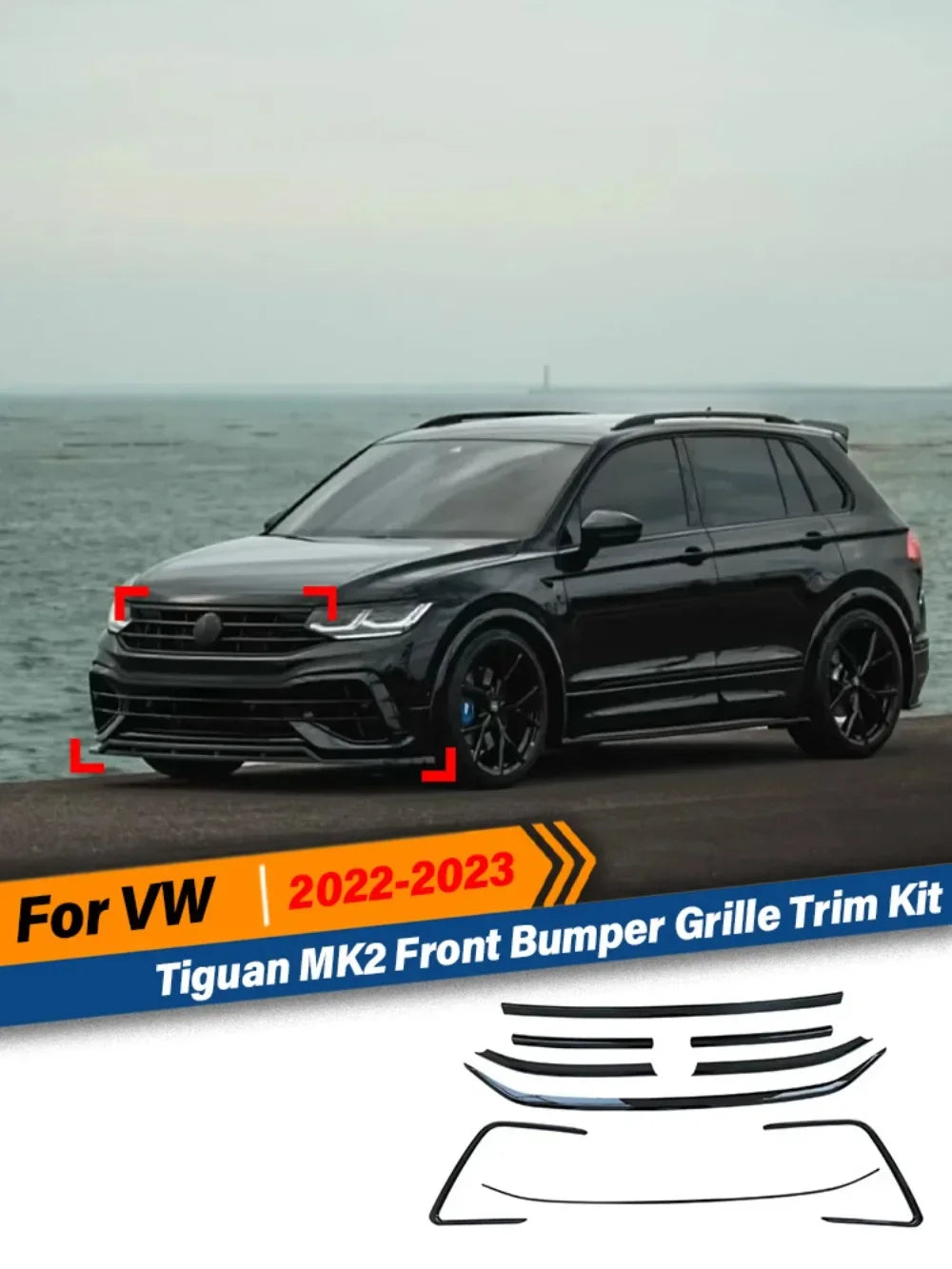 💫ART.5078 Kit Modanature Paraurti Anteriore per Tiguan MK2 22-23 Nero Lucido💫