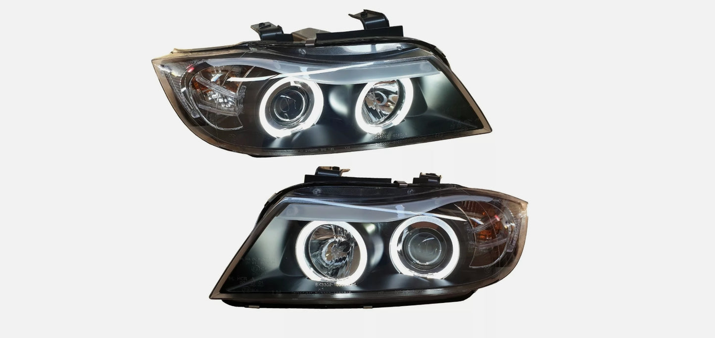 FANALE LED ANGEL EYES PER BMW E90 E91 05-08 NERO FARO PRINCIPALE