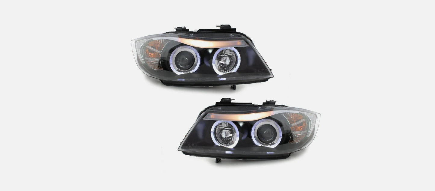 FANALE LED ANGEL EYES PER BMW E90 E91 05-08 NERO FARO PRINCIPALE