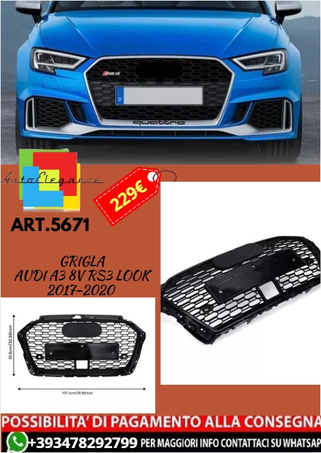 💫ART.5671 GRIGLIA NIDO D'APE NERO LUCIDO PER Audi A3 8V 2017-2020 LOOK RS3💫