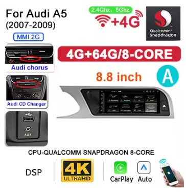 Autoradio multimediale Android 14 da 8.8'' con CarPlay wireless e Android Auto per Audi A5 2007-2010 MMI 2G High CD Changer, GPS, Navigatore, Schermo, WIFI, 4G LTE