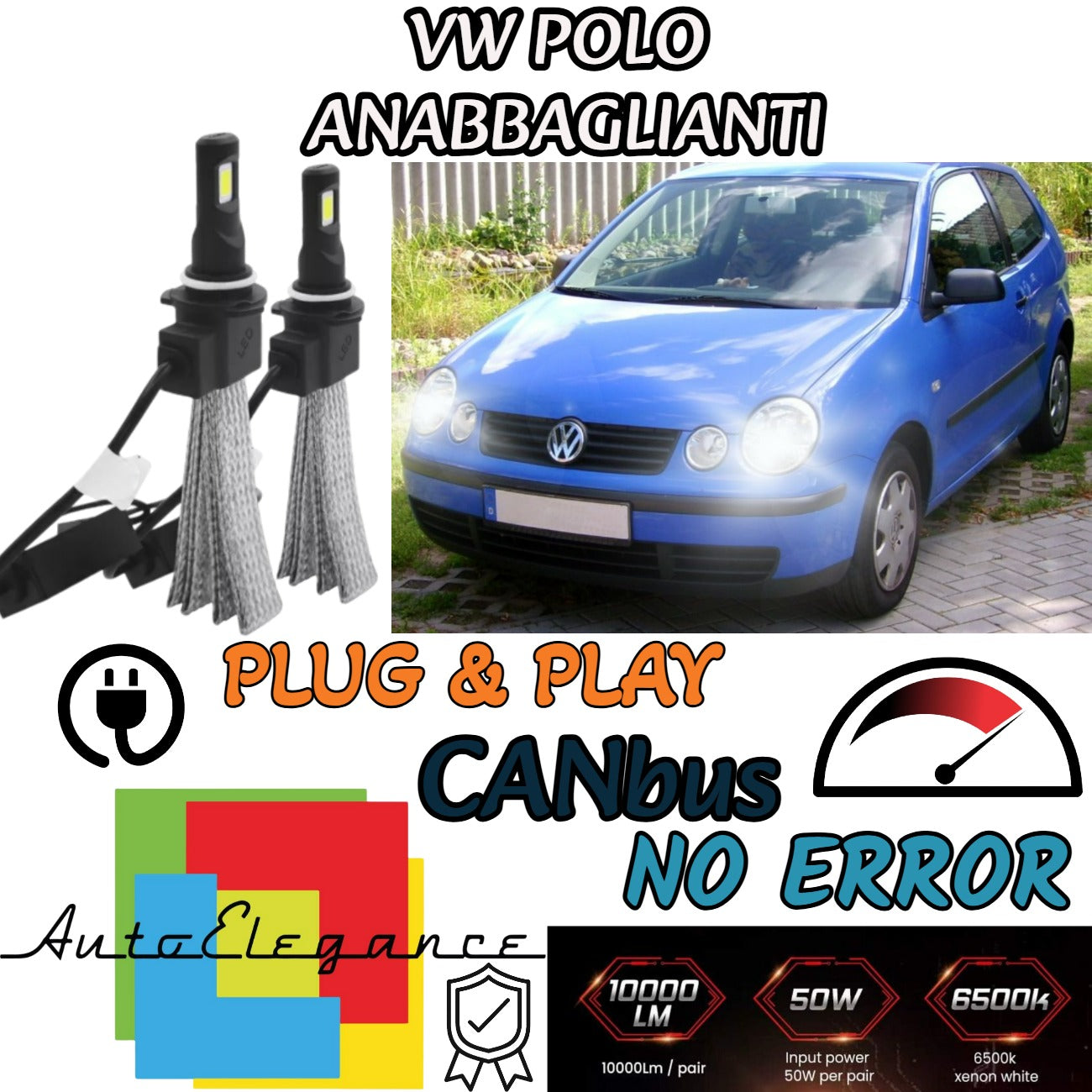 VW POLO 9N LED LOW BEAM LAMP KIT LED H7 6000K 6400 LUMEN NO ERROR 