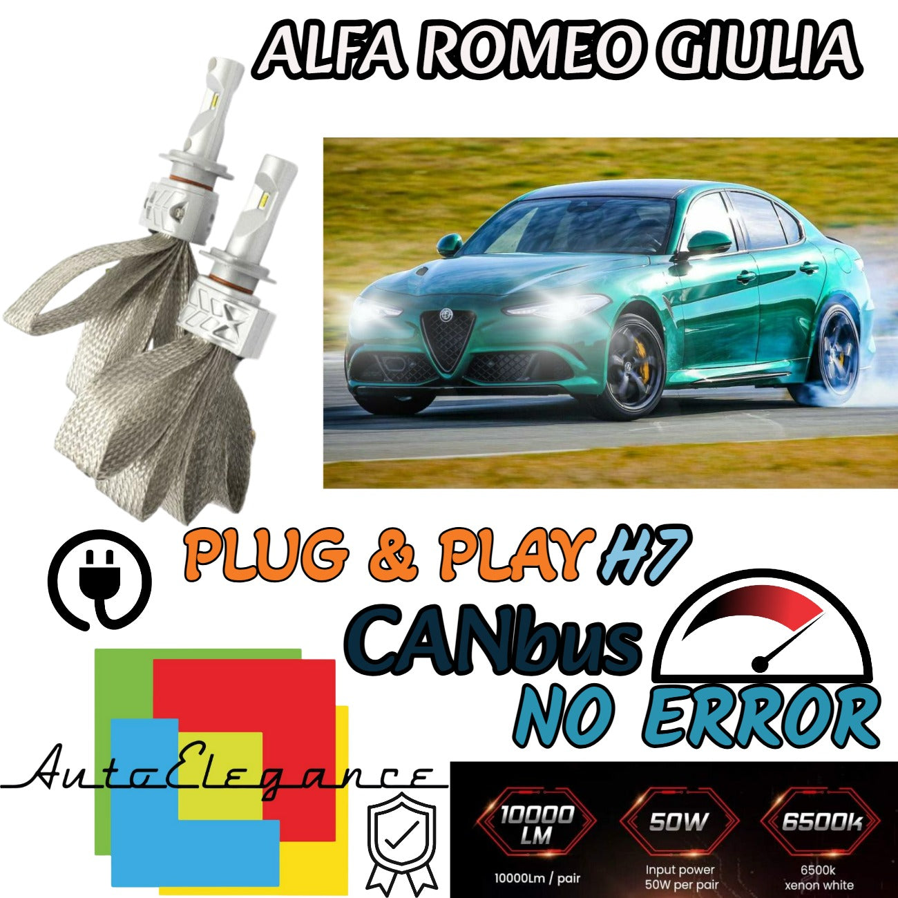 KIT LED H7 6500K FULL CANBUS 8000 LUMEN LED LAMPADE PER ALFA ROMEO GIULIA