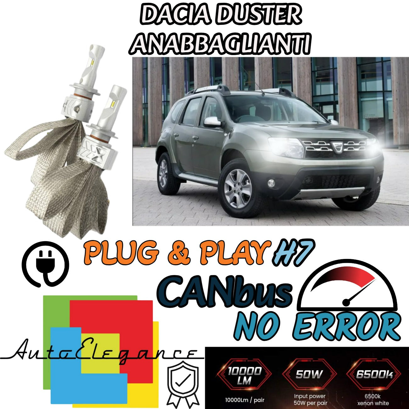 KIT LED H7 DACIA DUSTER MK1 8000 LUMEN 6500K ANABBAGLIANTI CANBUS BIANCO