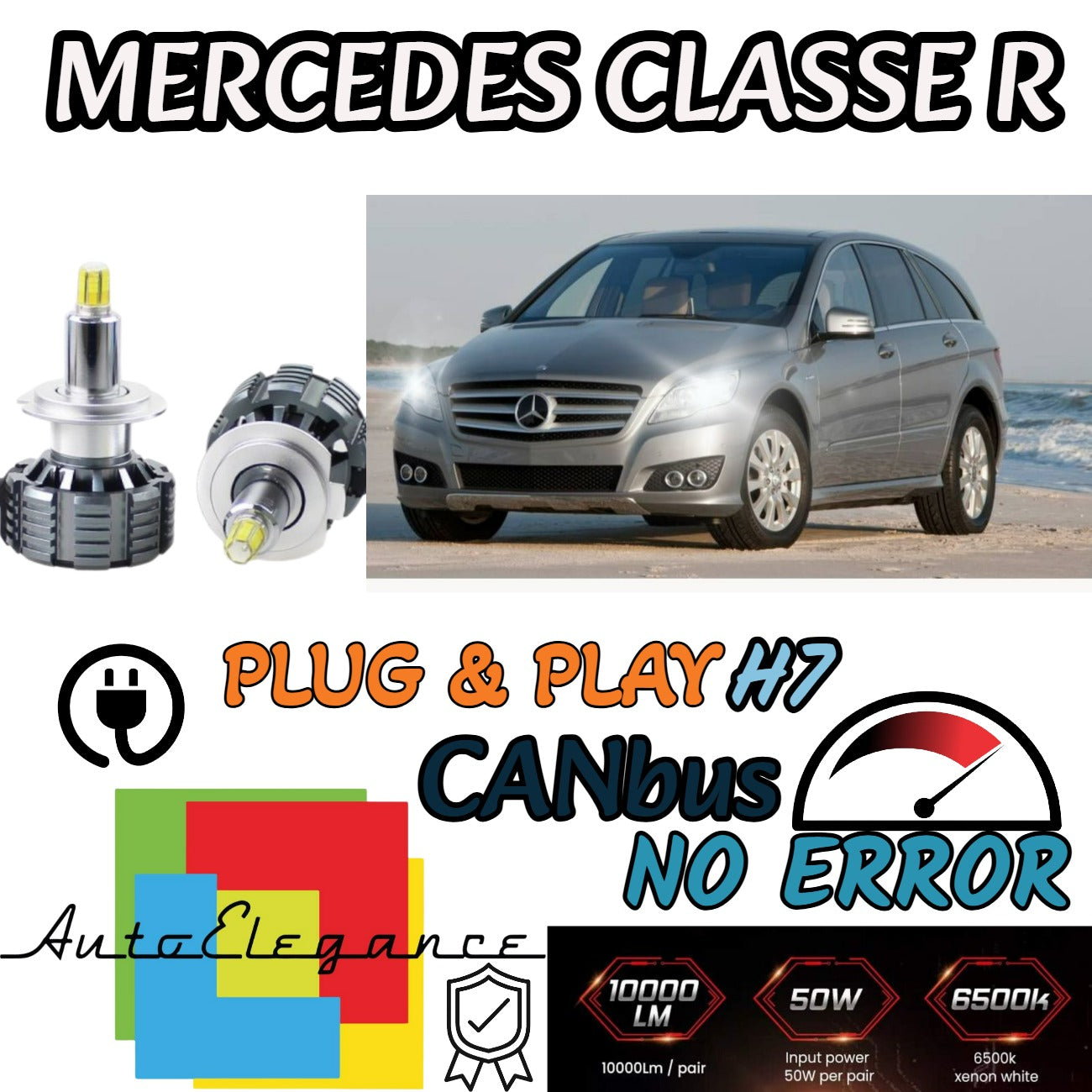 KIT LED H7 MERCEDES CLASSE R W251 6500K CANBUS XENON 12000LM LUMEN MONO LED