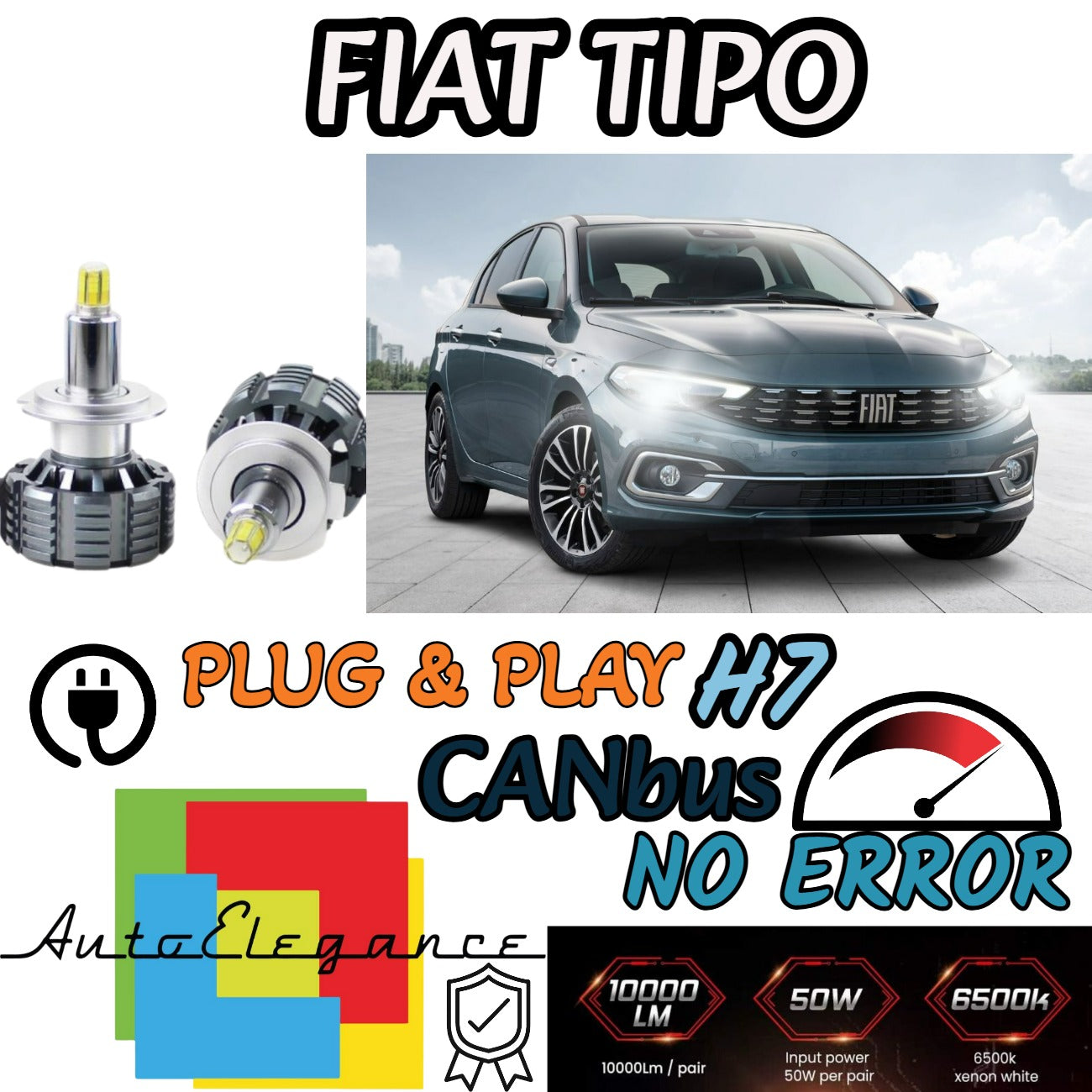 FULL LED KIT H7 CANBUS FIAT TIPO 6000K WHITE 9600 LUMEN 80W NO ERROR 
