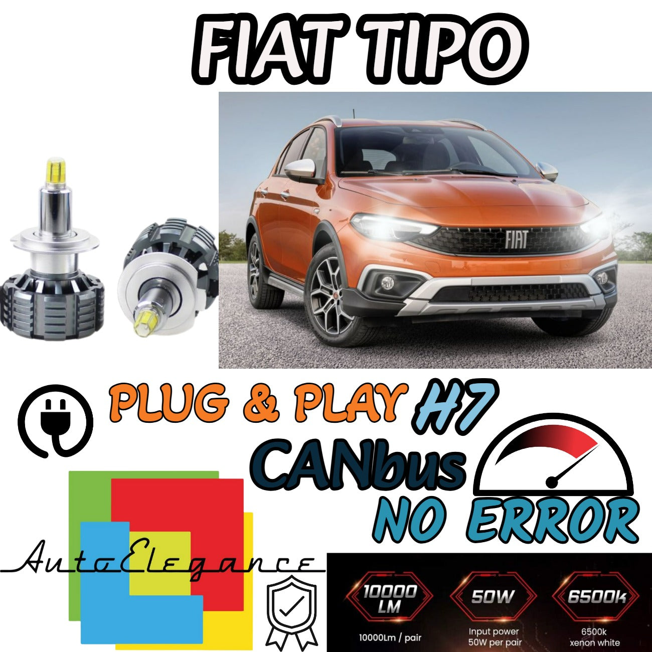 FIAT TIPO H7 LED KIT WITH LENTICULAR HEADLIGHT 9600 LUMEN 80W CANBUS NO ERROR 6000K