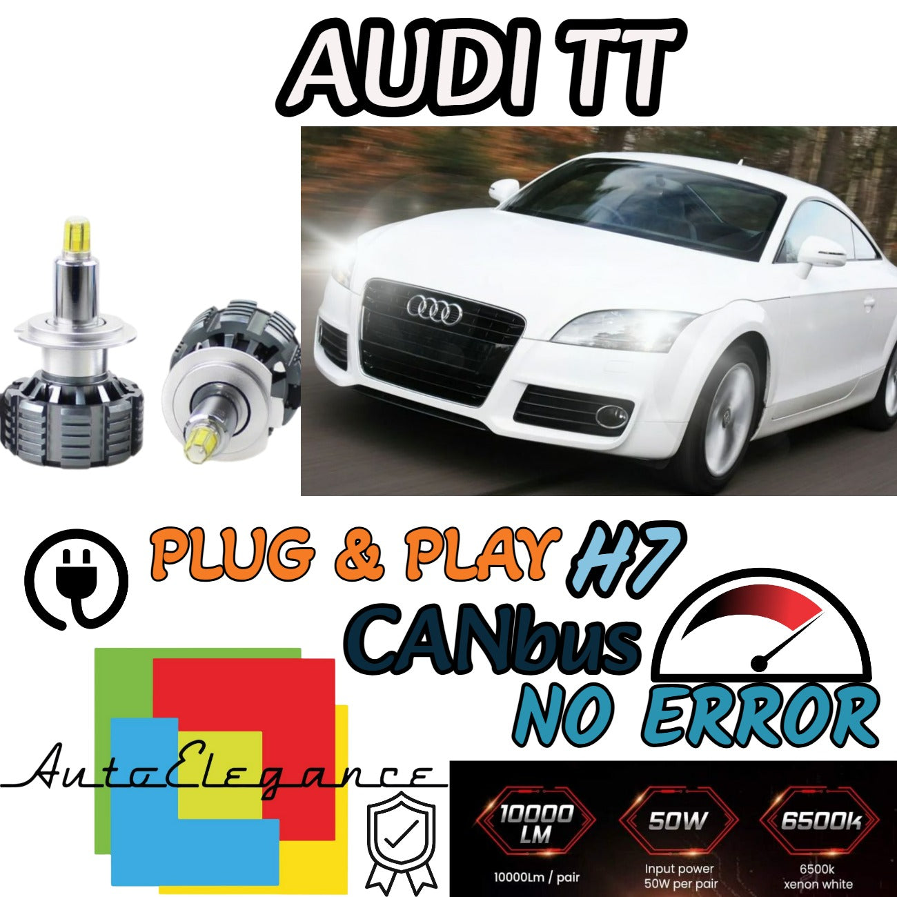 KIT LED H7 CANBUS AUDI TT 8J LED 360° 9600 LUMEN 6000K BIANCO + PORTALAMPADE