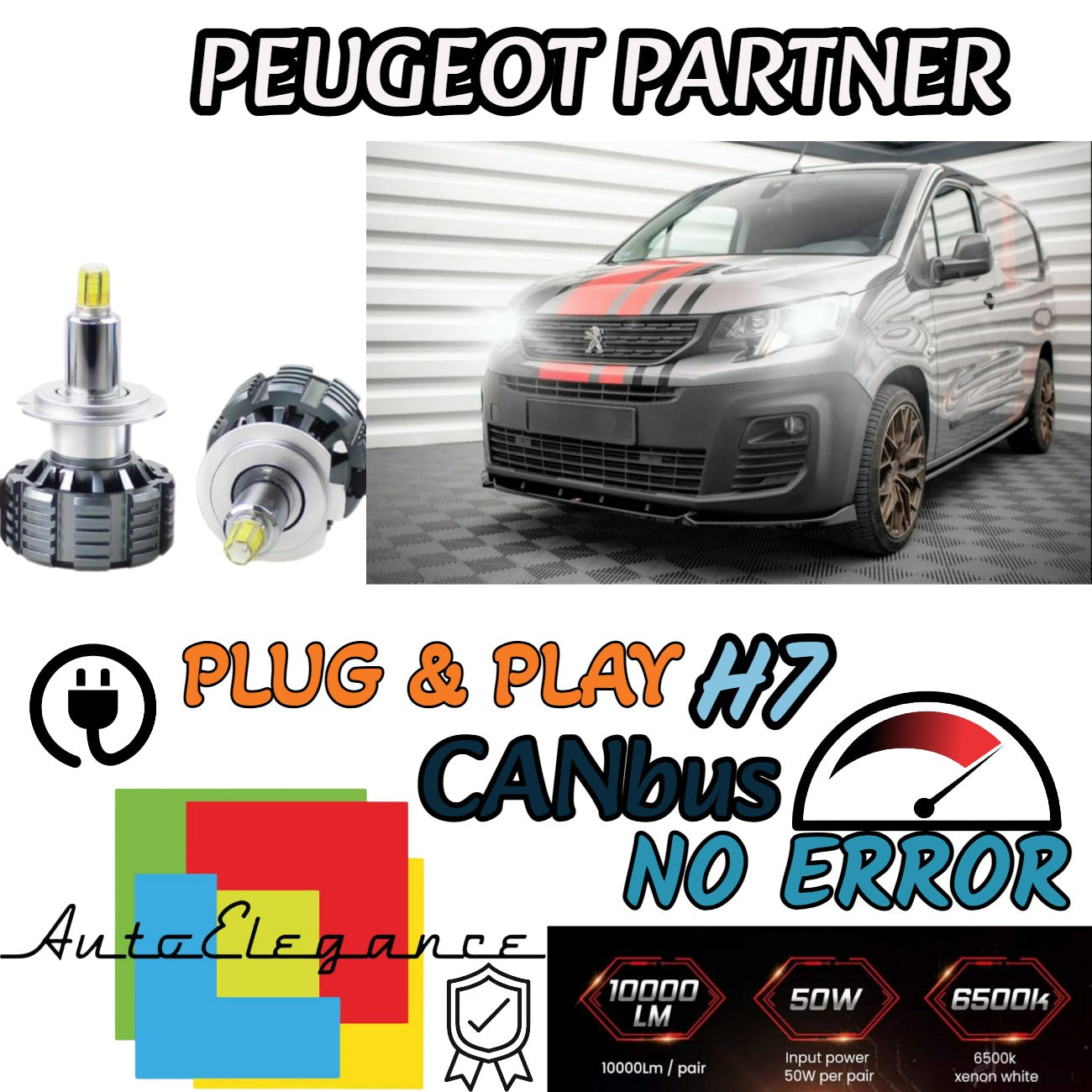 KIT FULL LED H7 CANBUS PEUGEOT PARTNER MK3 6000K BIANCO 9600 LUMEN 80W NO ERROR